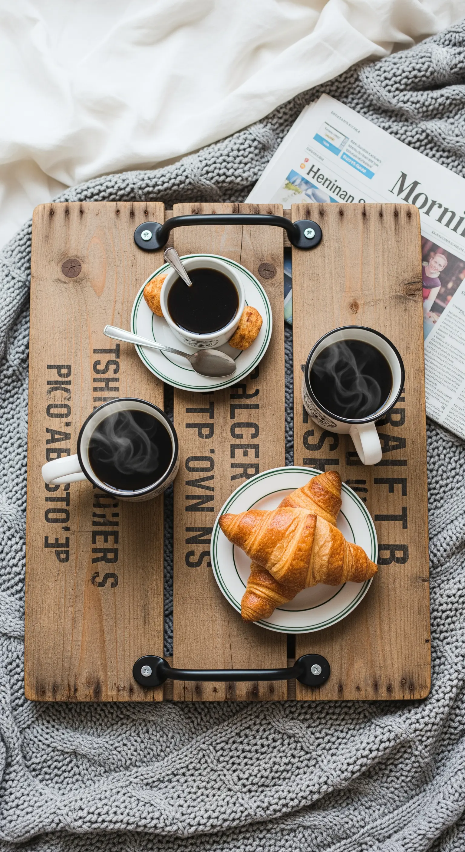 Vassoio in legno di recupero con scritte e maniglie in metallo, con tazze di caffè e croissant.