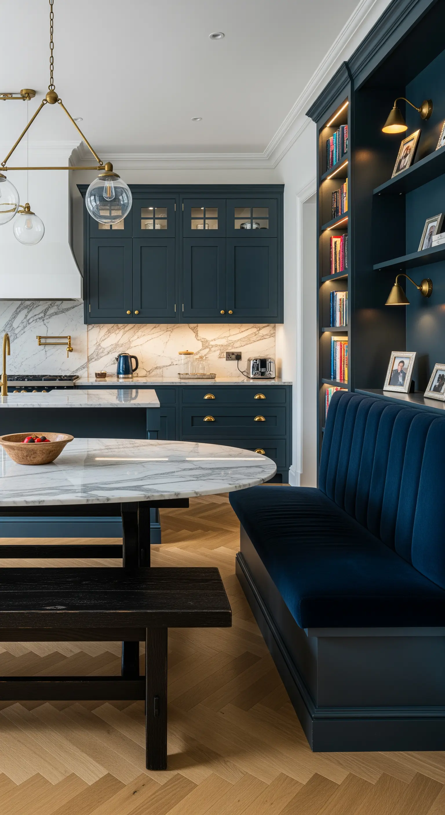 Cucina blu scuro con panca in velluto cannetté e dettagli in ottone e marmo.