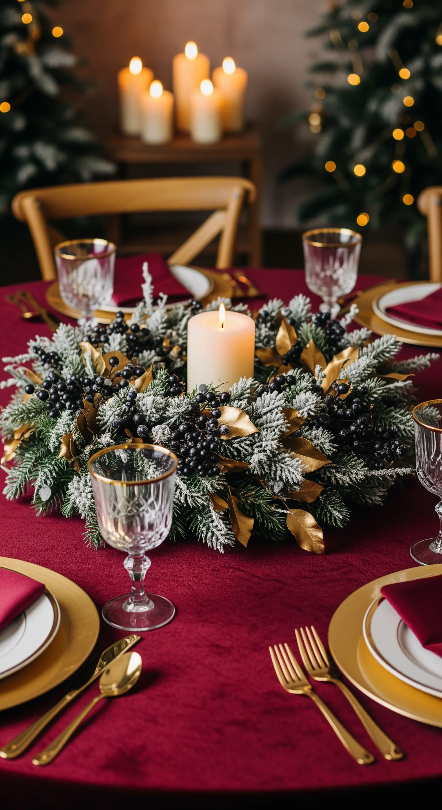 Tavola invernale con tovaglia bordeaux, posate dorate e centrotavola con pino innevato.