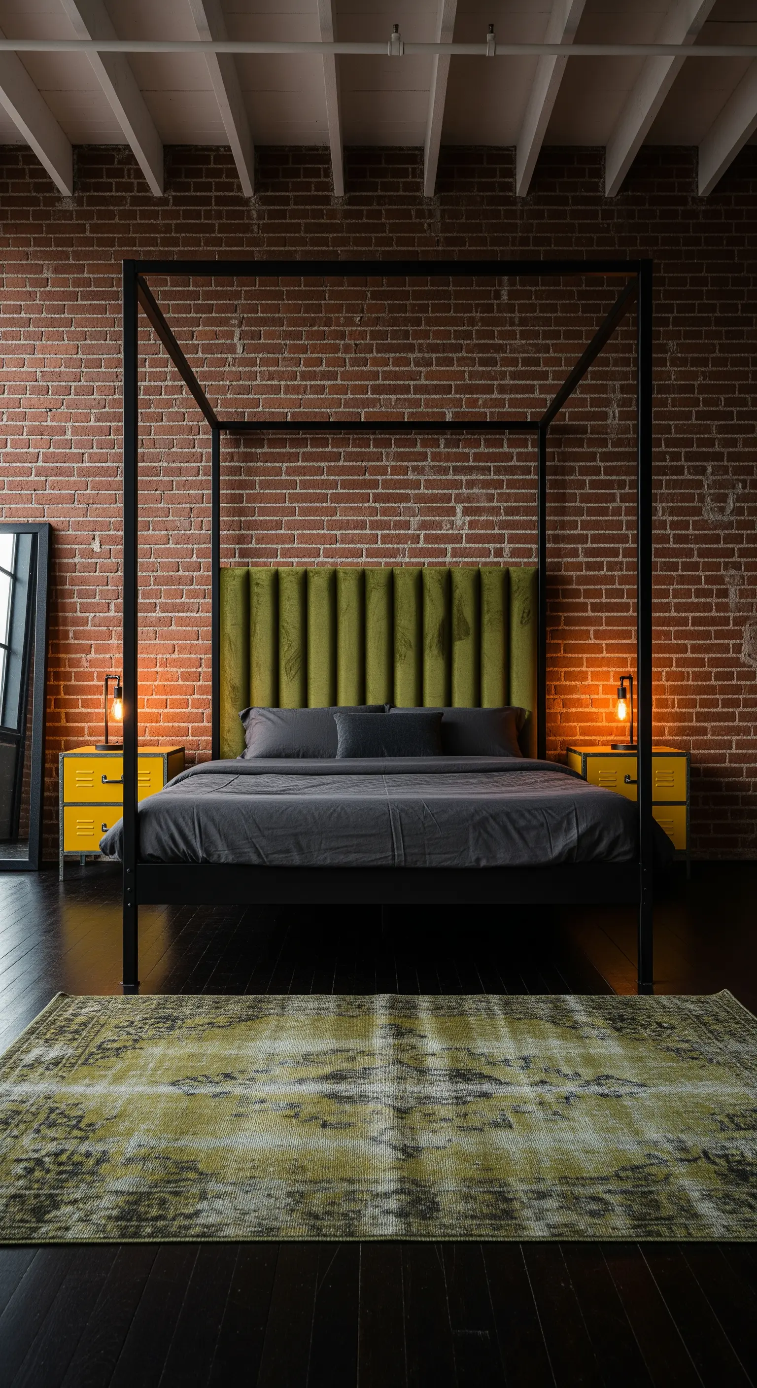 Camera da letto industrial chic con letto a baldacchino nero e testiera in velluto verde.