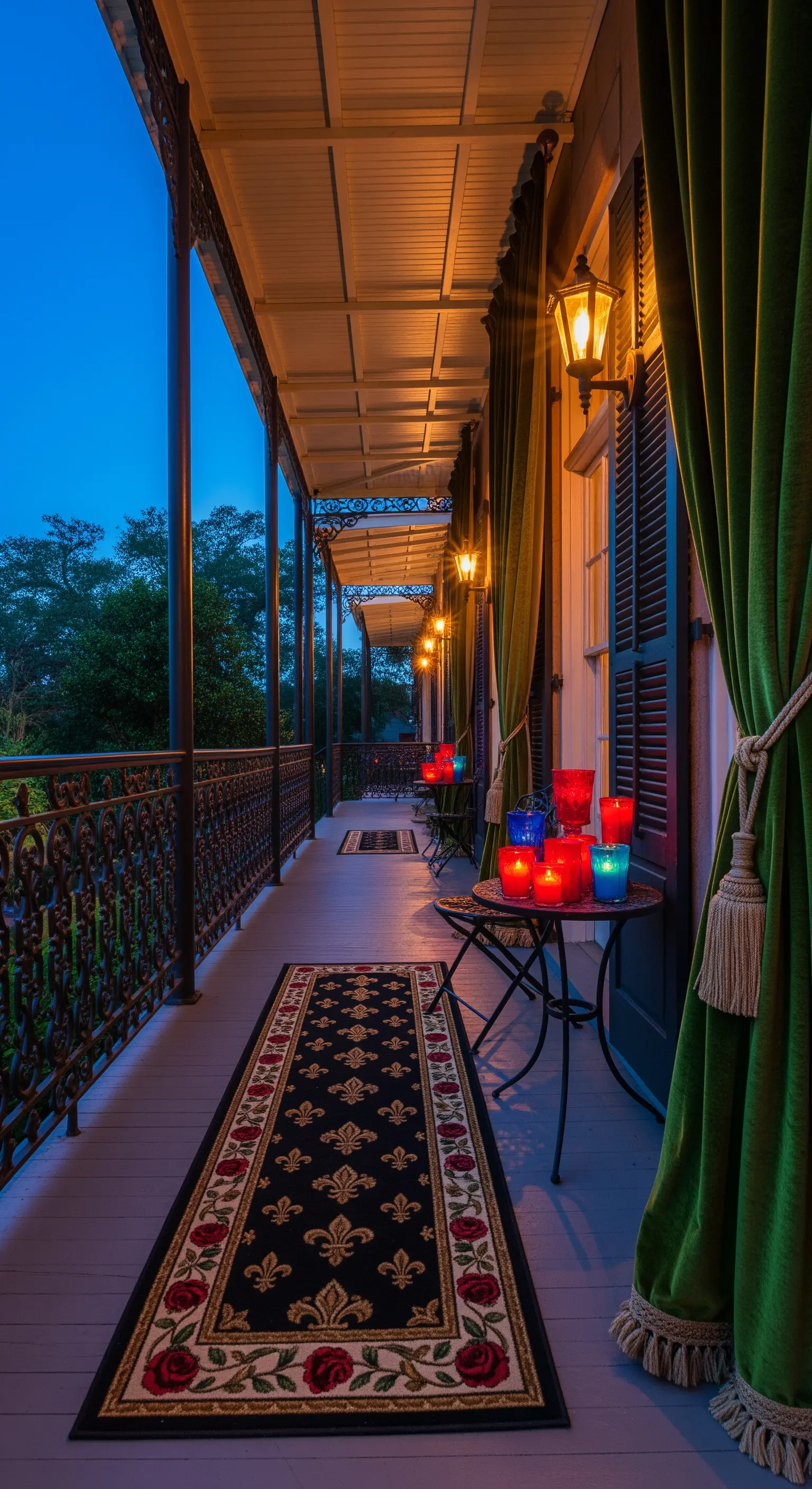 Lungo balcone con balaustra in ferro, tende in velluto verde e un runner scuro a fiori.