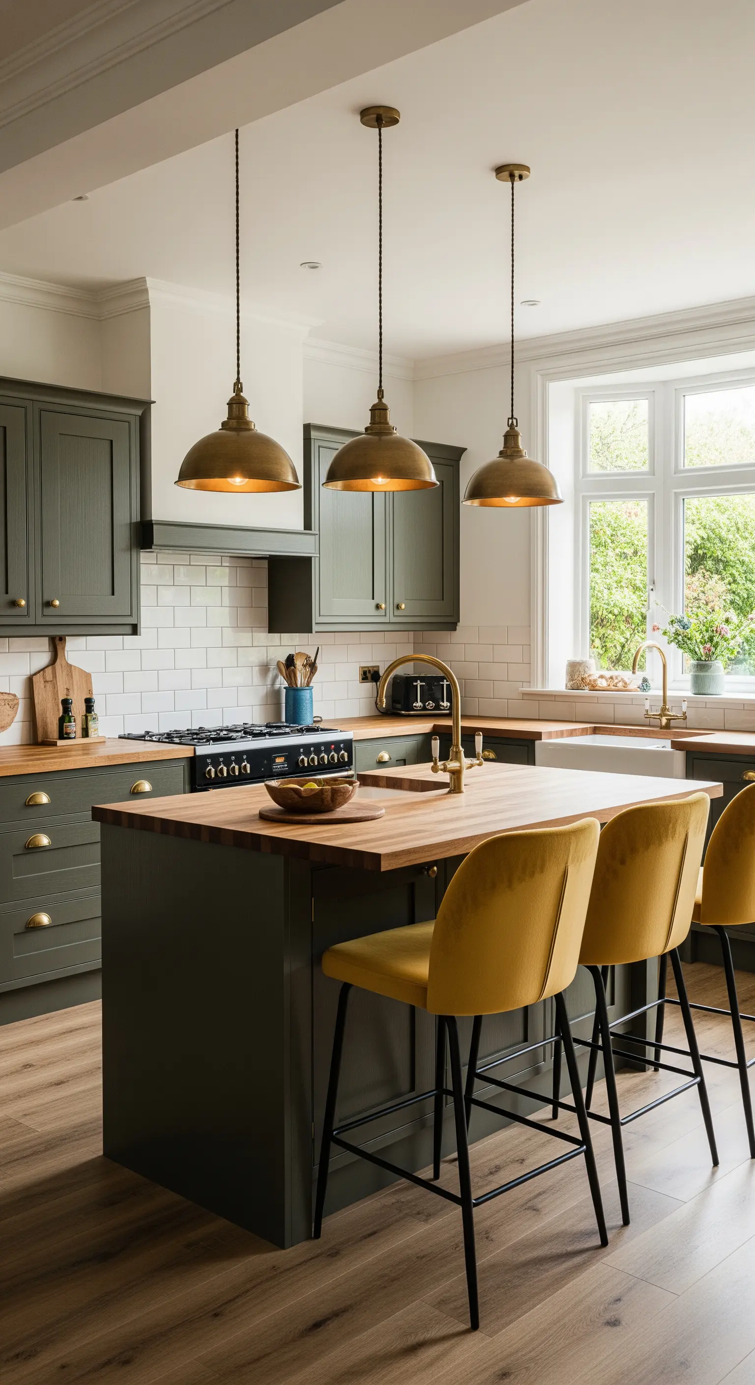 Cucina verde scuro con isola, sgabelli in velluto senape e lampade in ottone.