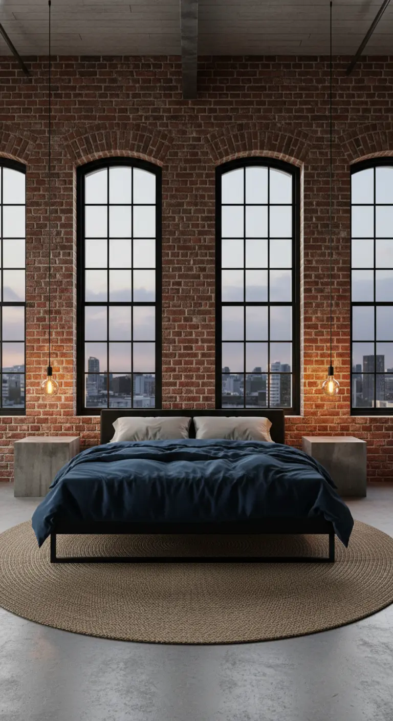 Letto con copriletto in velluto blu in una camera da letto stile loft con mattoni a vista.