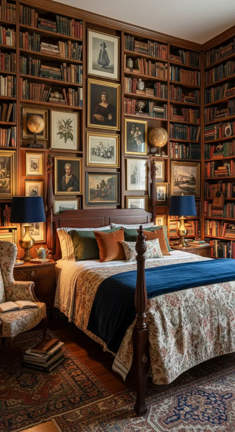 Plaid in velluto blu su un letto in una camera da letto tradizionale con librerie a parete.