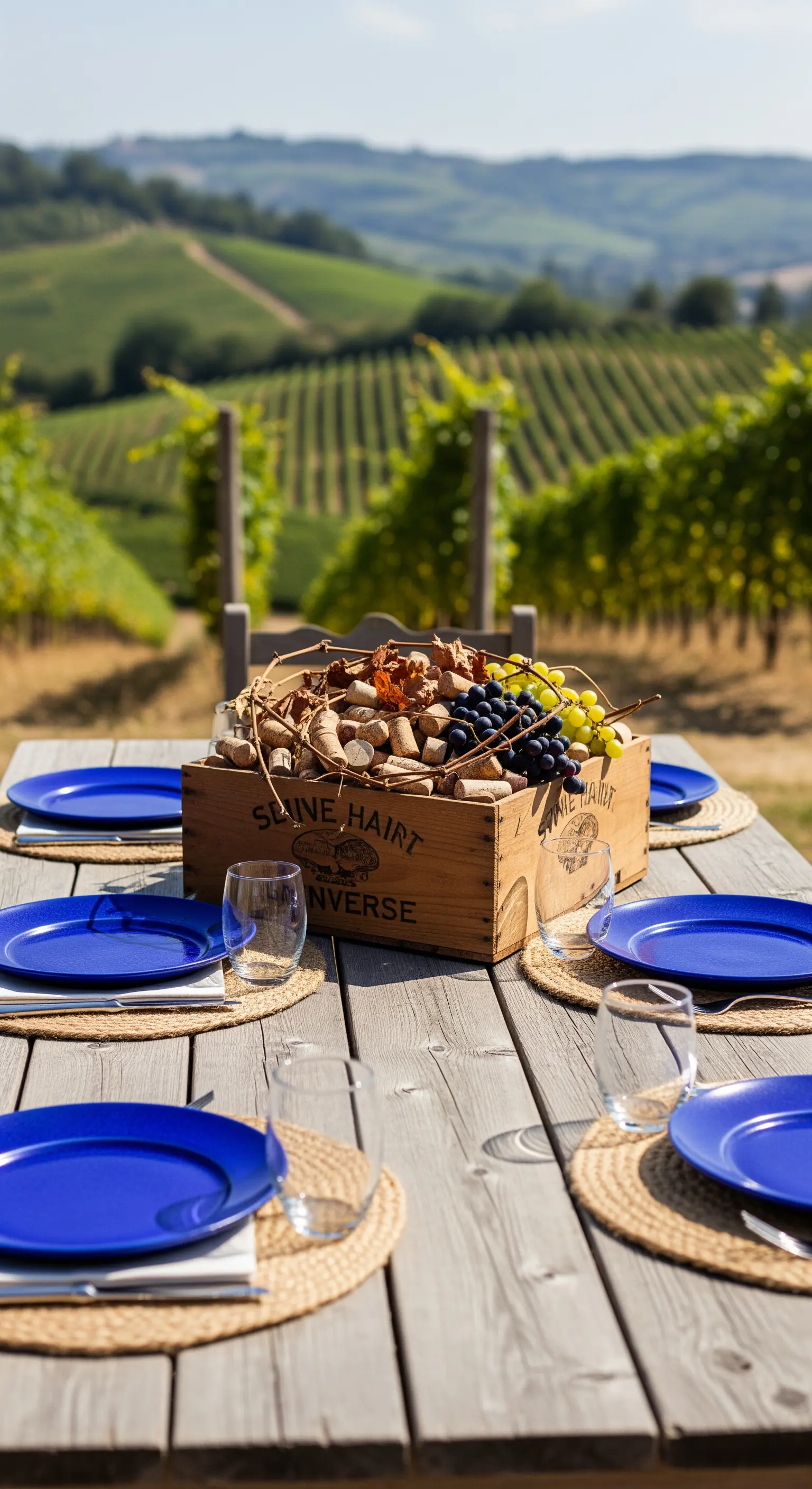 Tavola in vigna con piatti blu cobalto e centrotavola a tema vino.