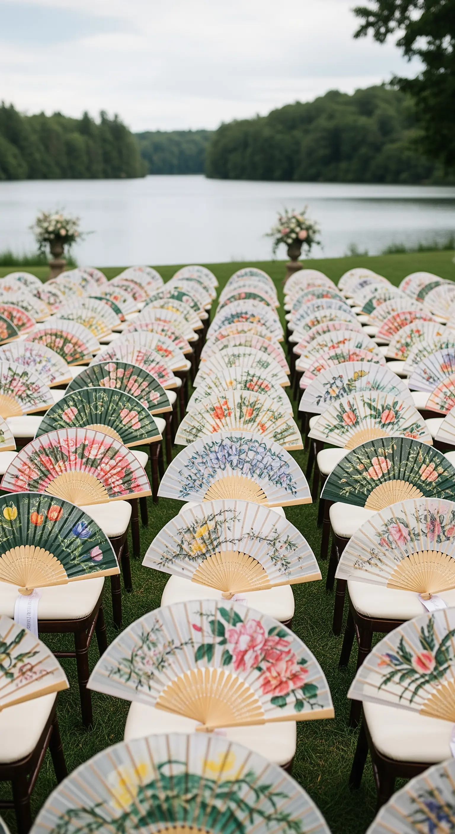 Sedie della cerimonia nuziale all'aperto con ventagli floreali come bomboniera.
