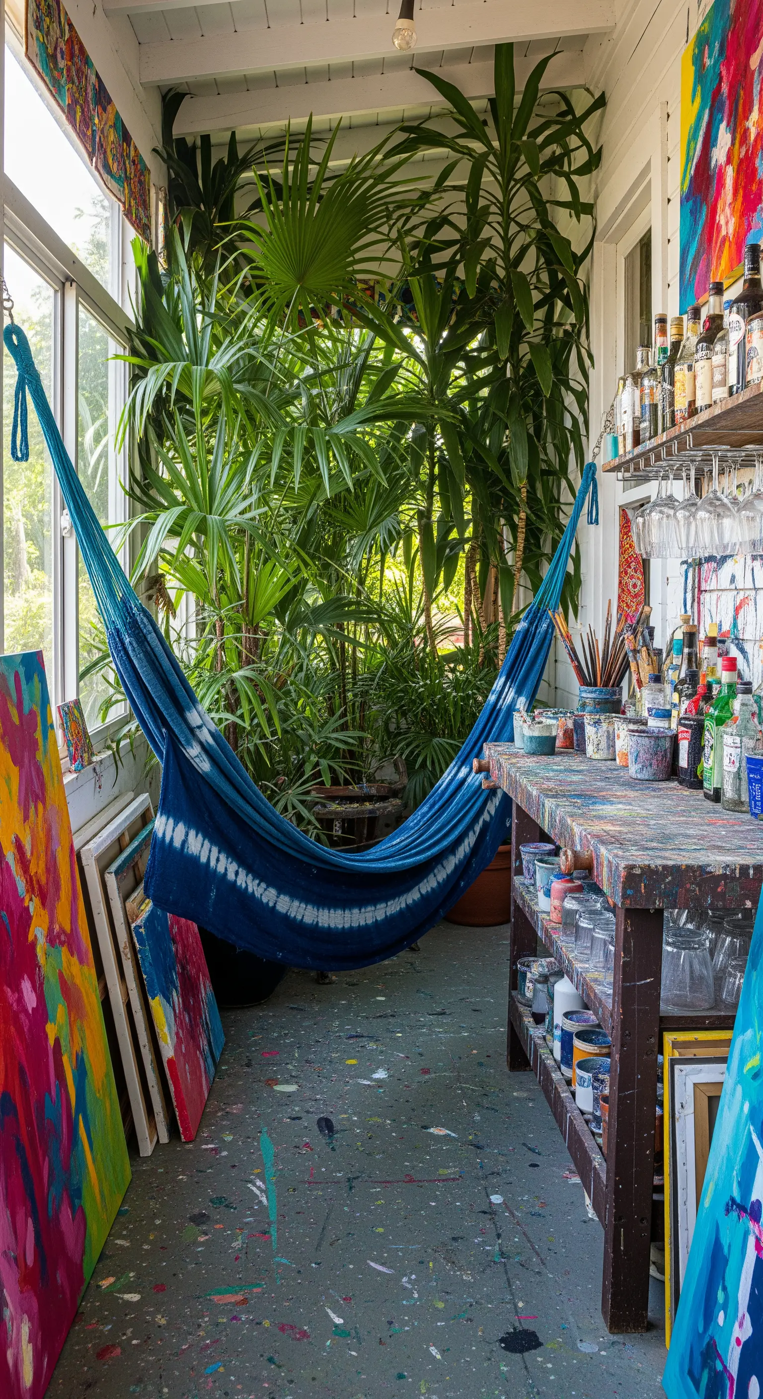 Veranda trasformata in studio d'artista, piena di piante, tele e un'amaca blu tie-dye