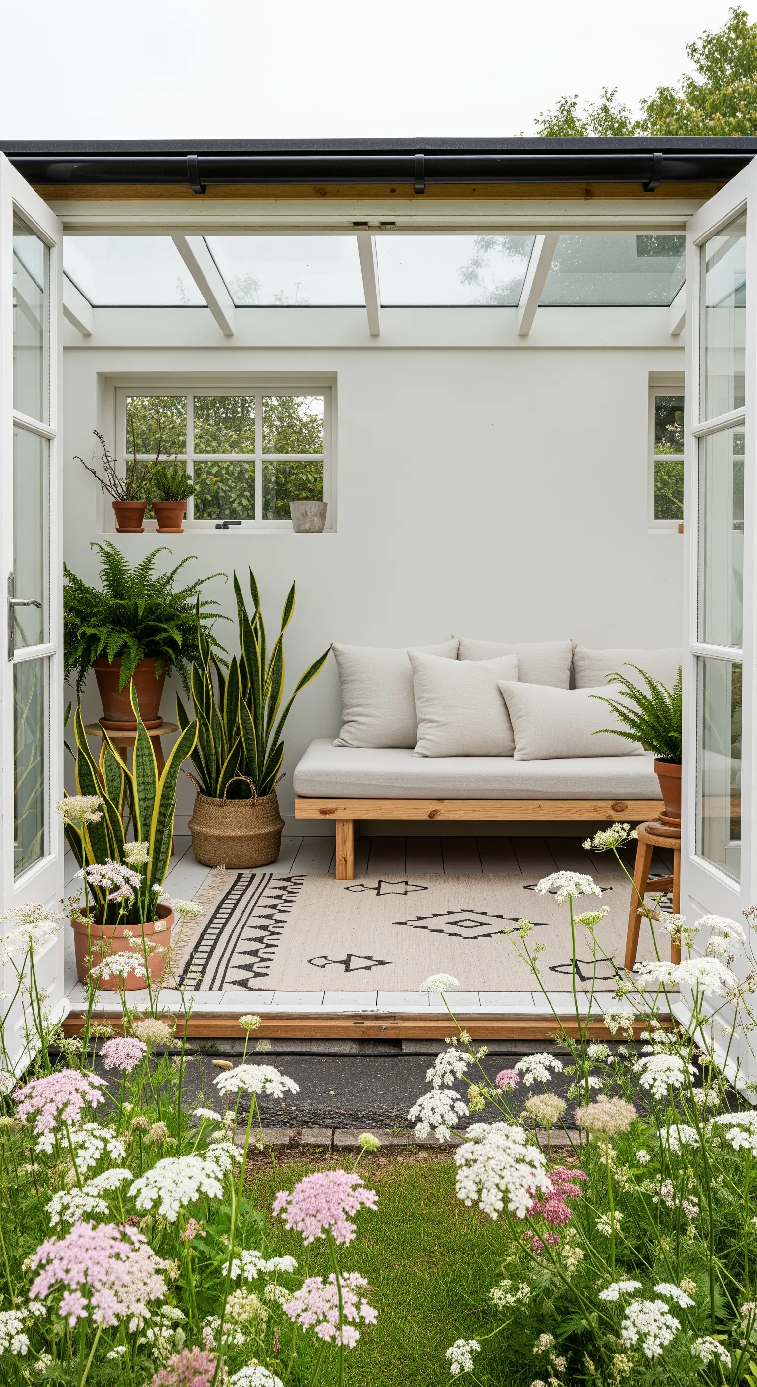 Veranda luminosa con divano in legno chiaro, tappeto geometrico e una varietà di piante verdi.