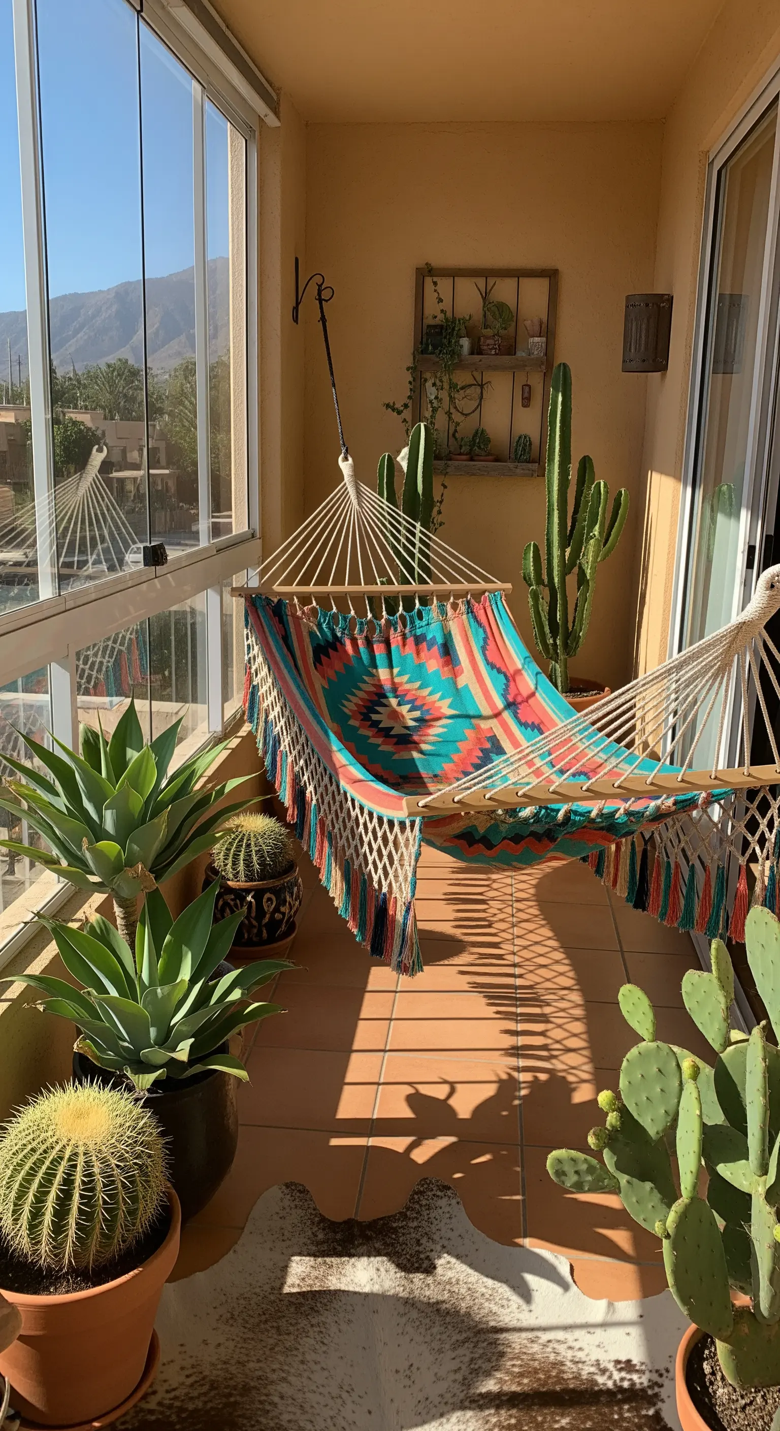 Veranda con pavimento in cotto, amaca colorata e una collezione di cactus e piante grasse.
