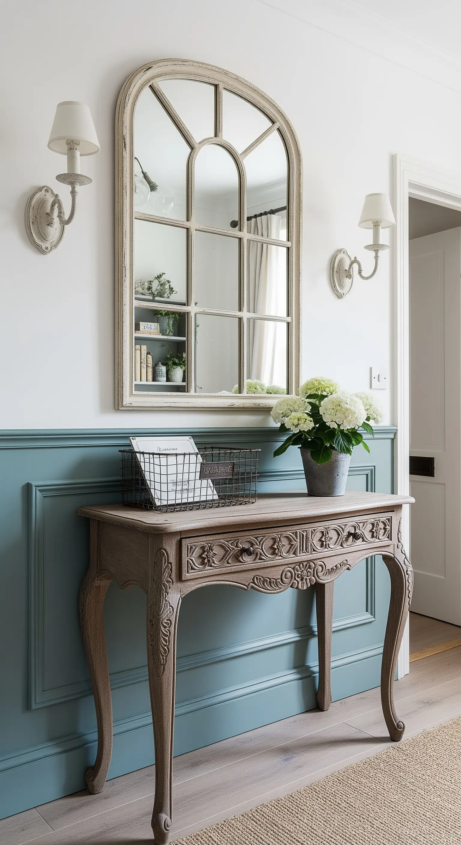 Ingresso in stile francese con boiserie verde-azzurro, consolle intagliata e specchio a finestra.