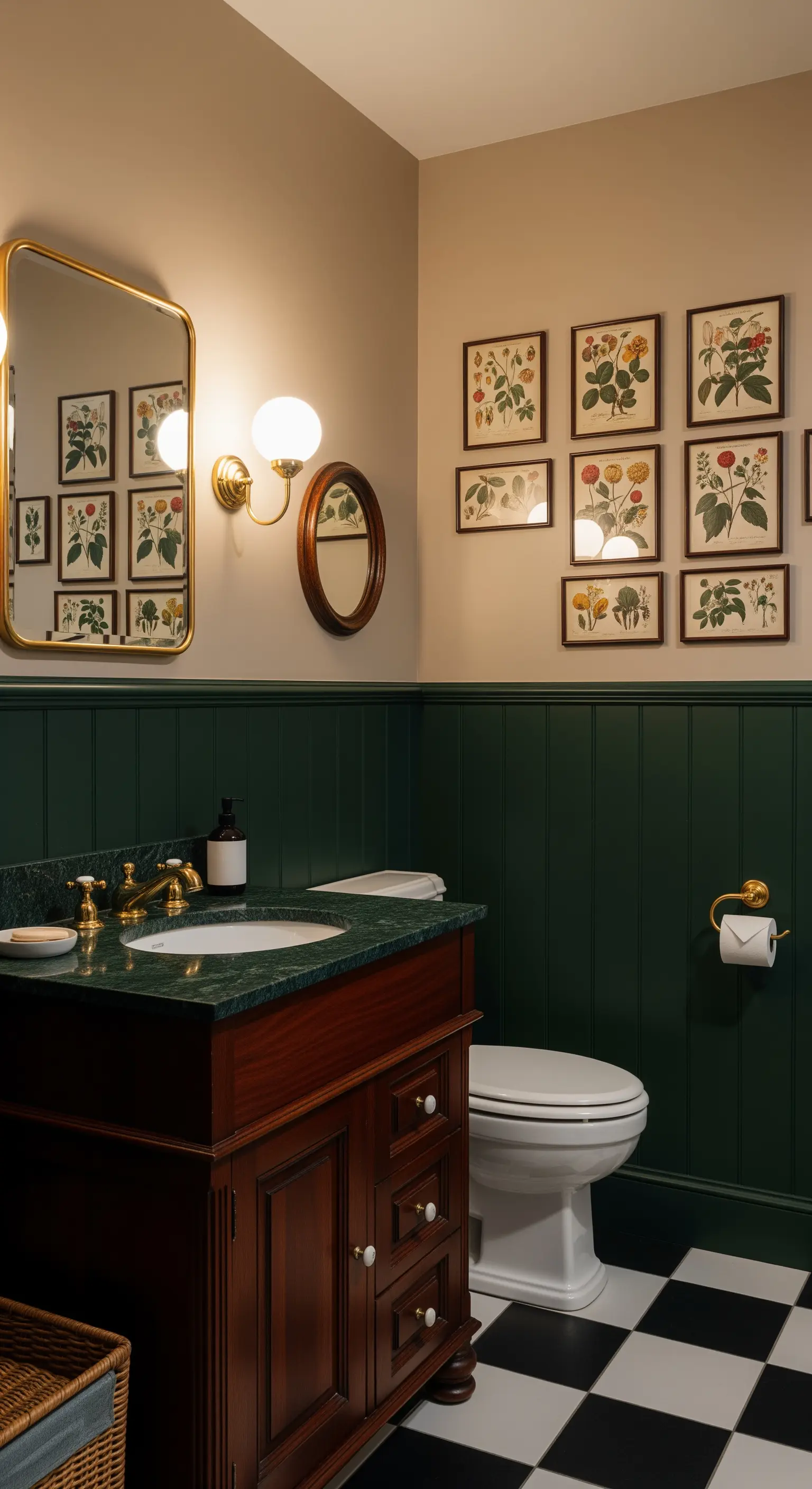 Bagno classico con boiserie verde scuro e una galleria di stampe botaniche.