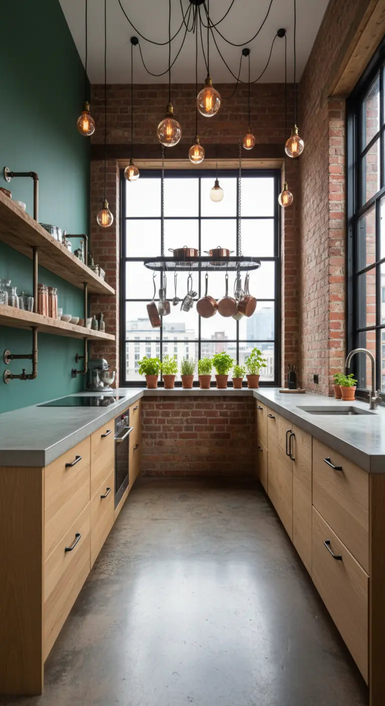 Cucina industrial con parete verde scuro, mattoni a vista, mensole in legno e lampade a sospensione.