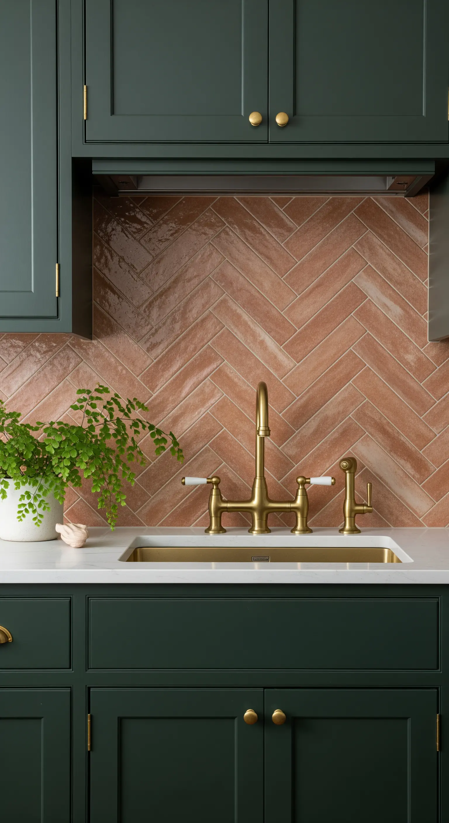 Paraschizzi a spina di pesce terracotta abbinato a mobili verde scuro e lavello dorato.