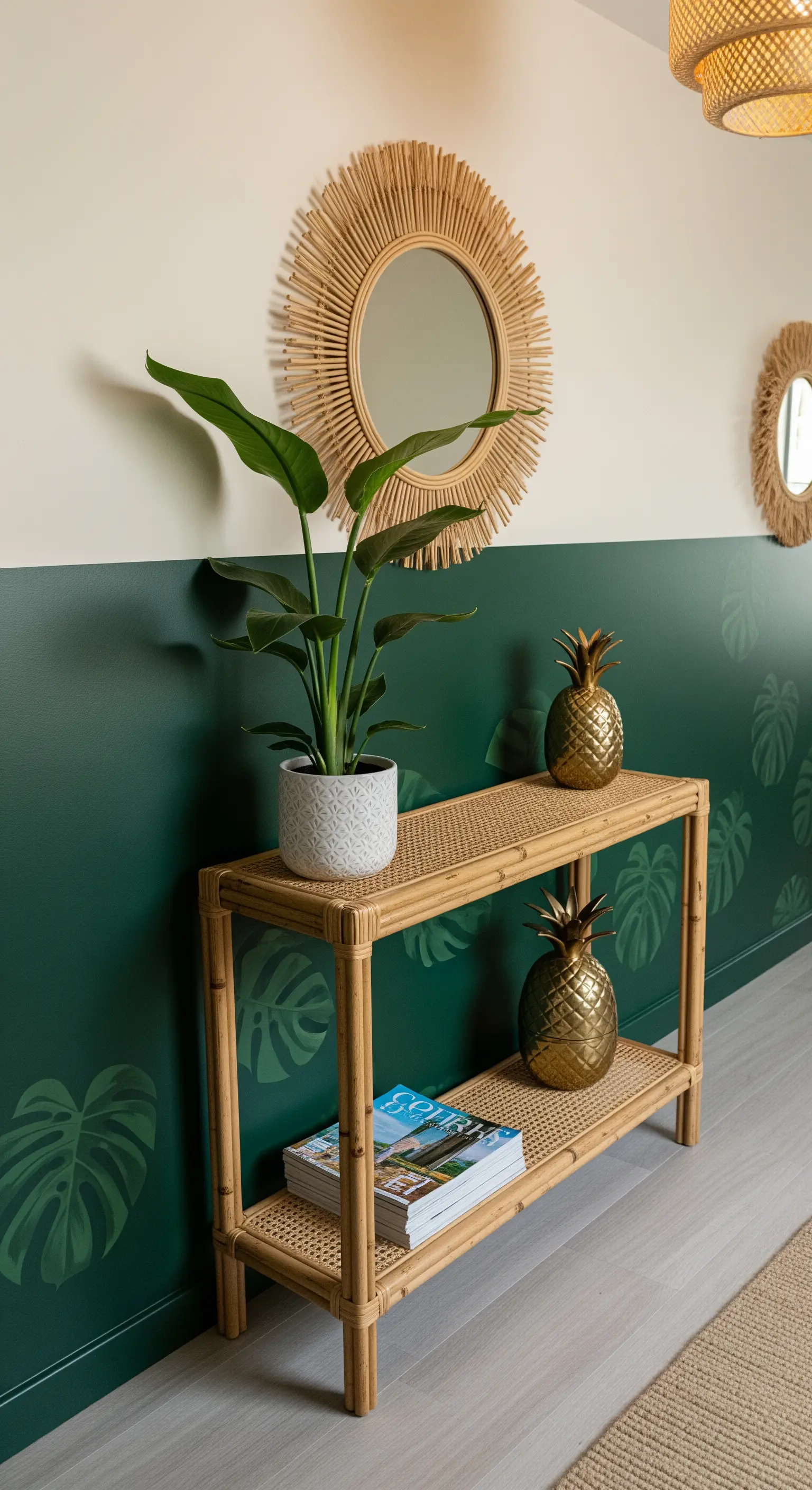 Ingresso con parete verde scuro e stencil di foglie tono su tono, consolle in bambù.