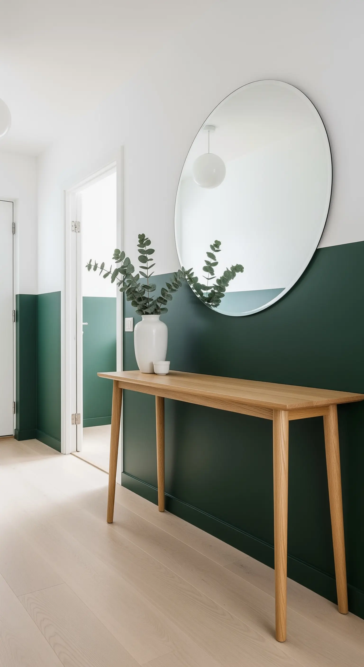 Ingresso con parete bicolore verde scuro e bianca, consolle in legno chiaro e specchio rotondo.