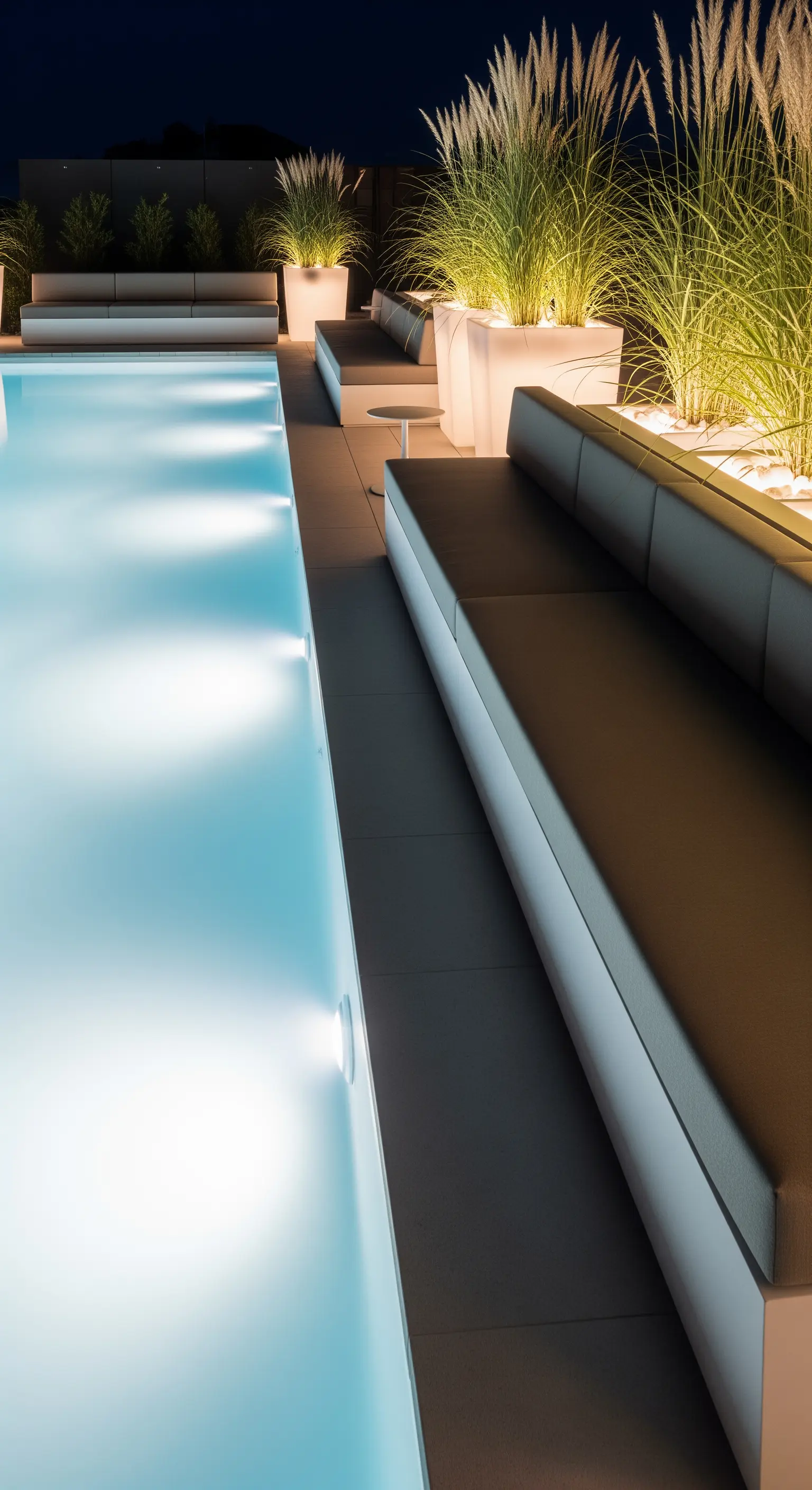 Sedute moderne a bordo piscina con grandi vasi bianchi luminosi che contengono alte erbe ornamentali.
