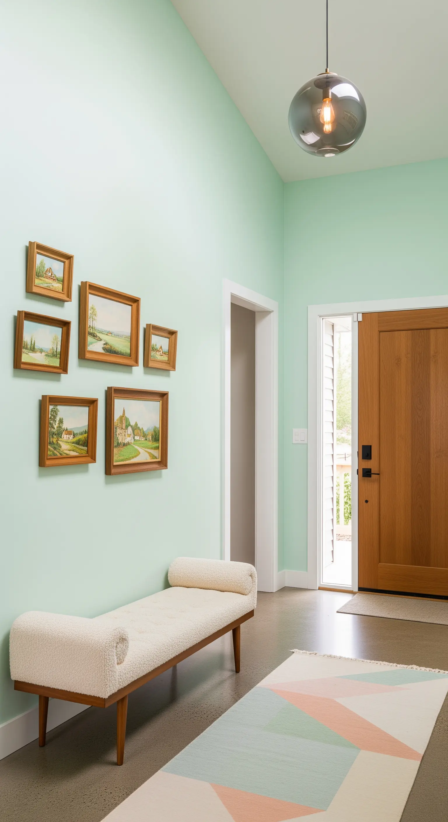 Parete verde menta con panca in bouclé color crema e una galleria di piccoli quadri.
