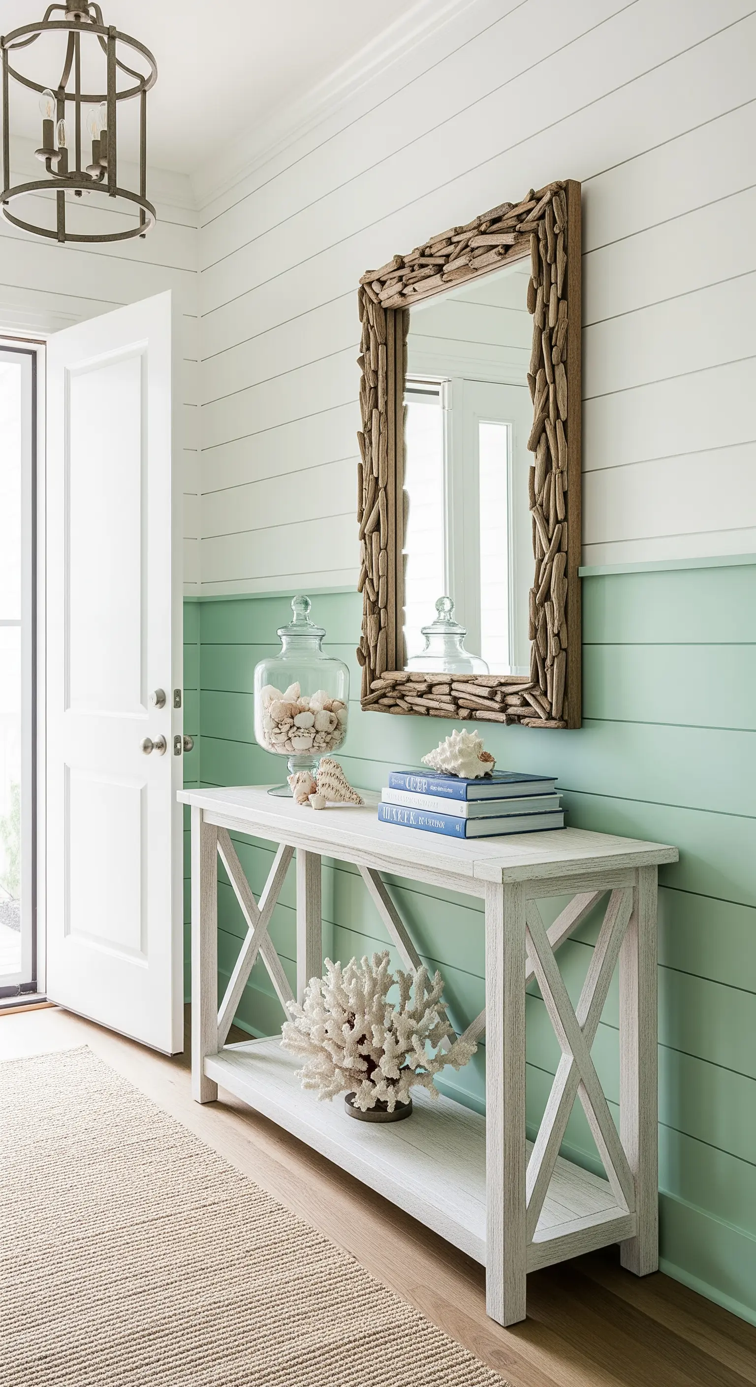 Ingresso in stile coastal con parete verde menta, consolle bianca e specchio in legno.