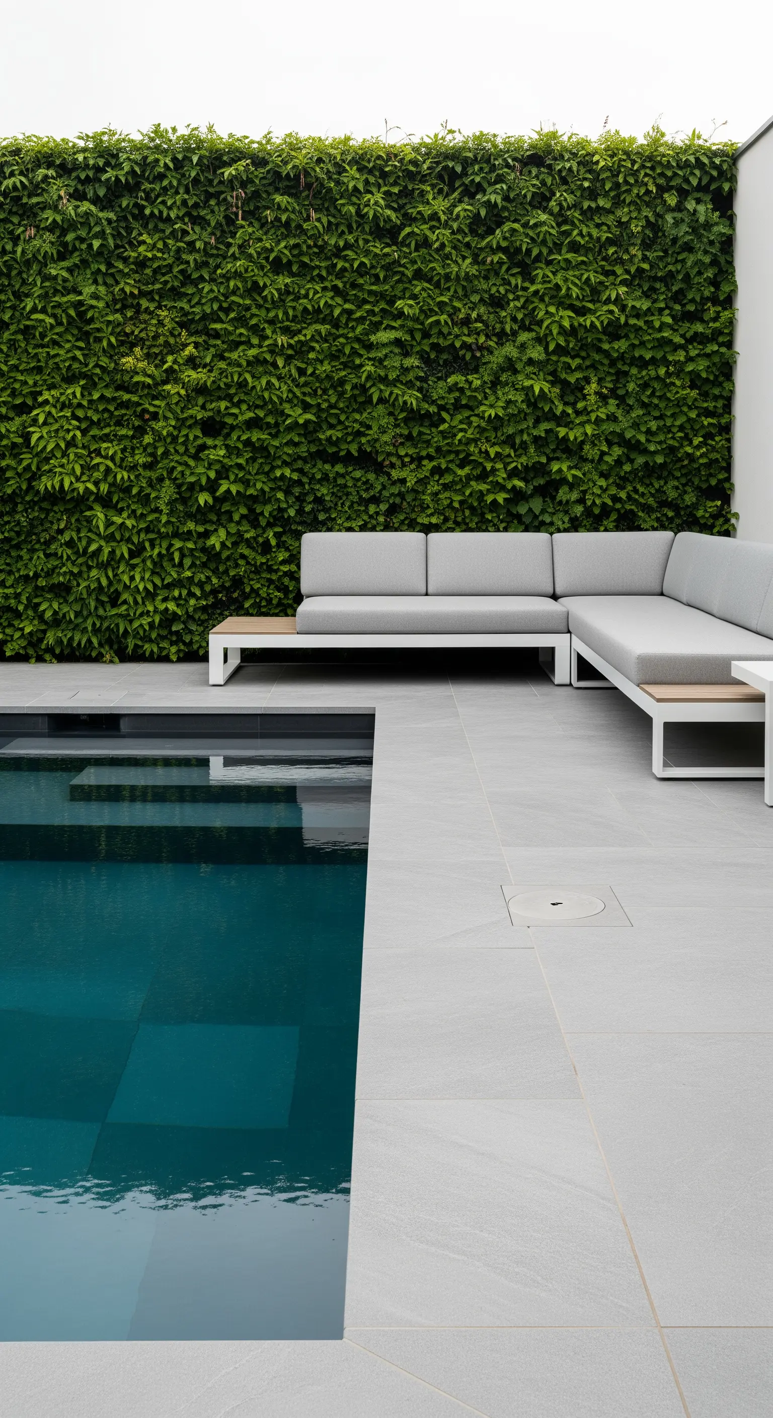 Divano modulare grigio chiaro con struttura bianca contro una grande parete di edera.