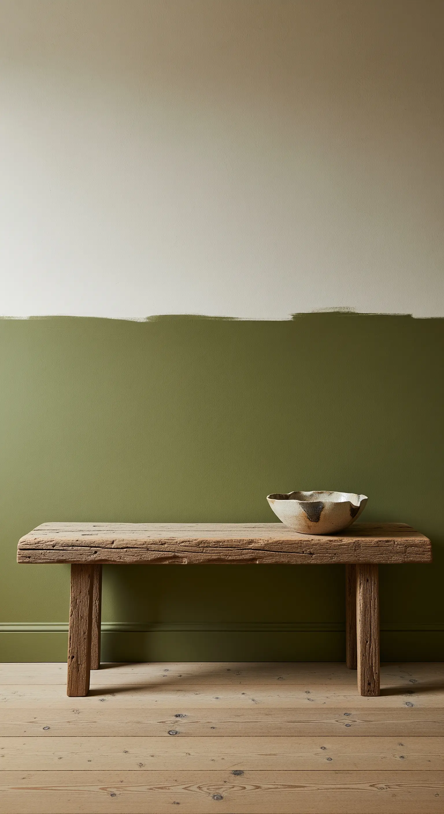 Parete verde oliva con linea di pittura irregolare e panca in legno di recupero.
