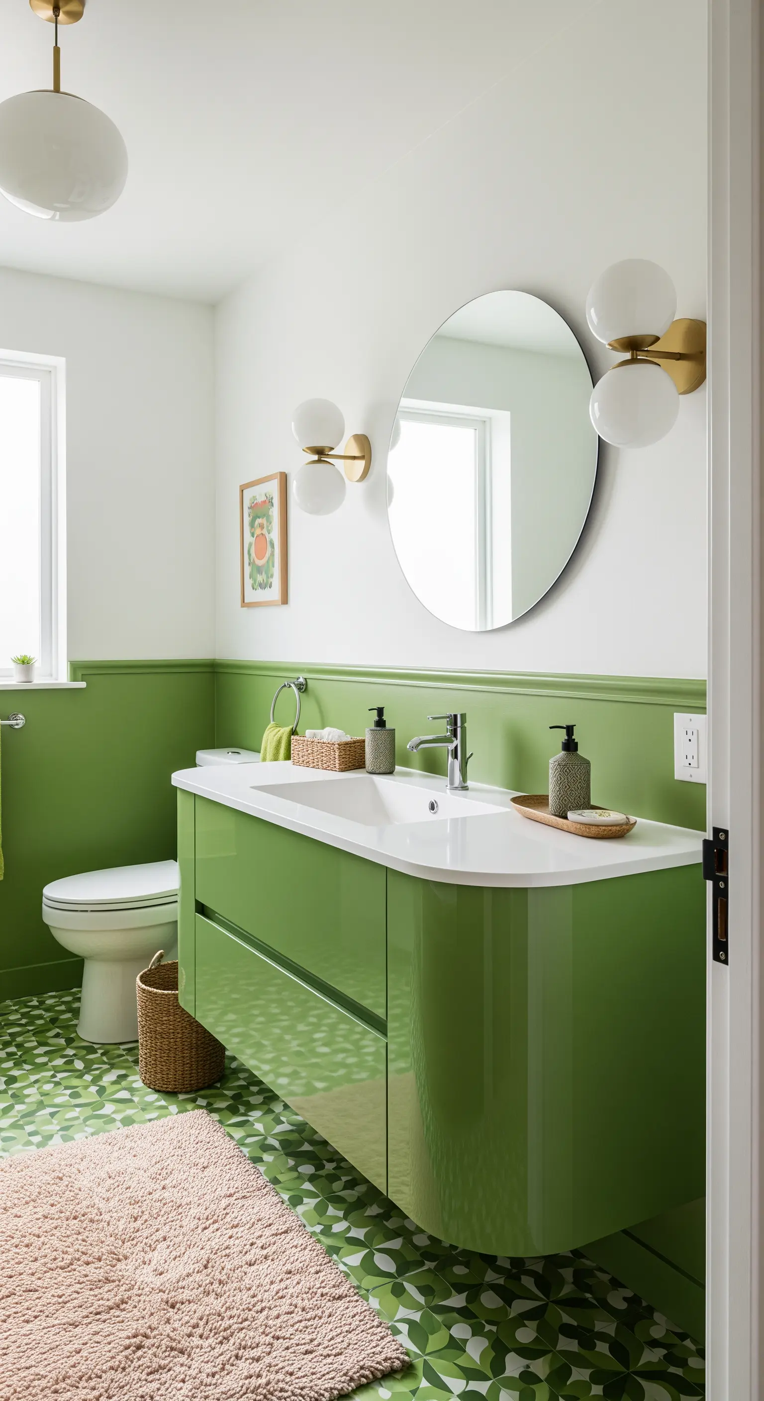 Bagno moderno con boiserie e mobile curvo verde oliva e pavimento a motivi geometrici.