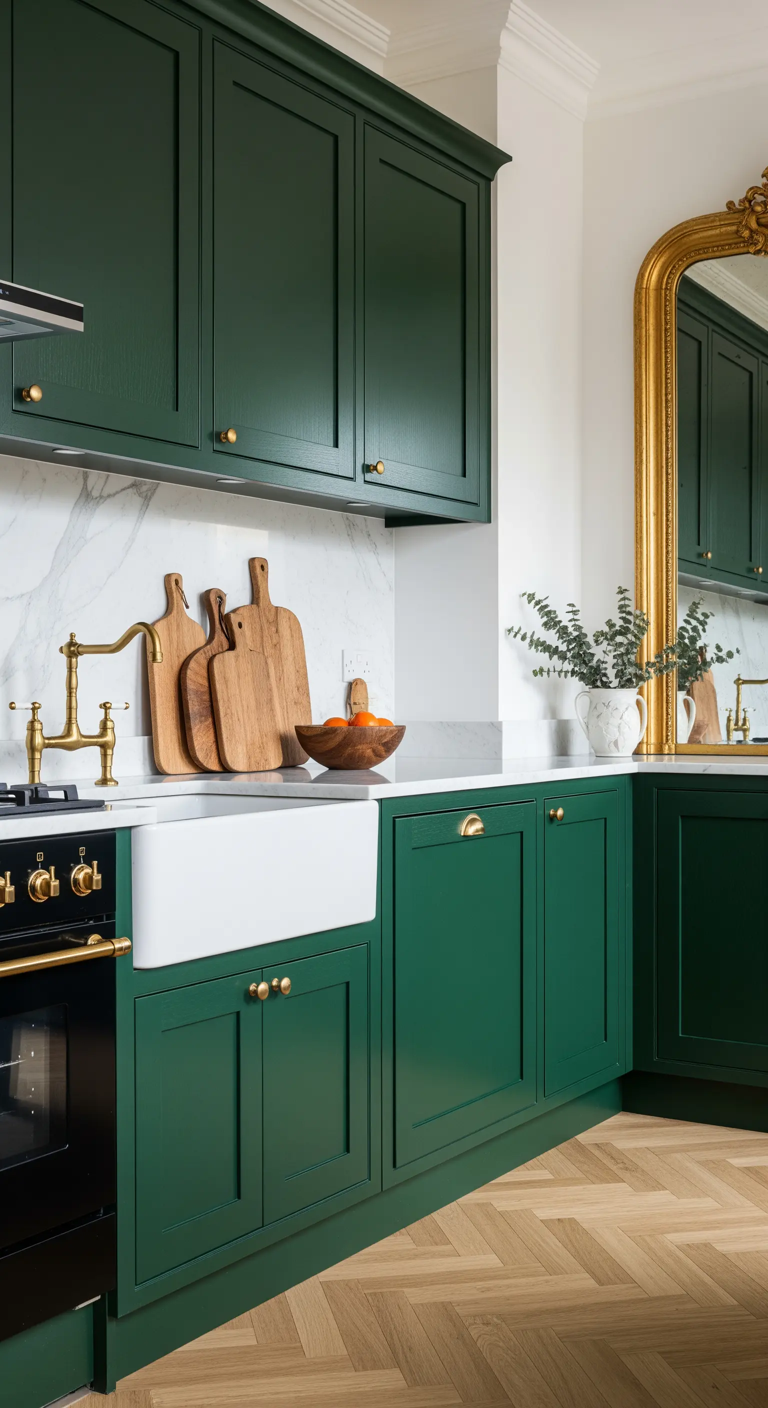 Cucina con mobili verde scuro, dettagli in ottone e un grande specchio con cornice dorata appoggiato al muro.