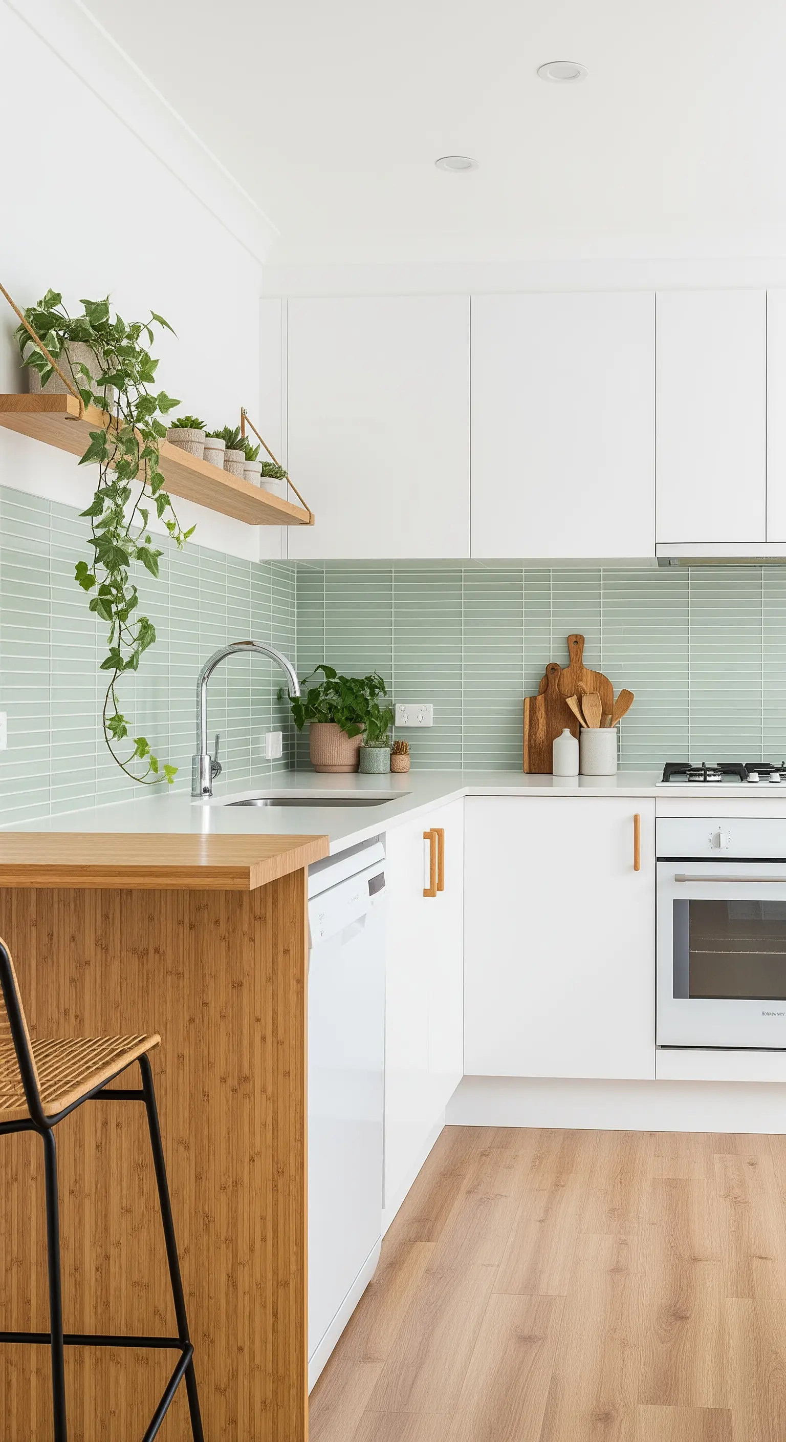 Cucina bianca e bambù con un paraschizzi di piastrelle verticali verde salvia.