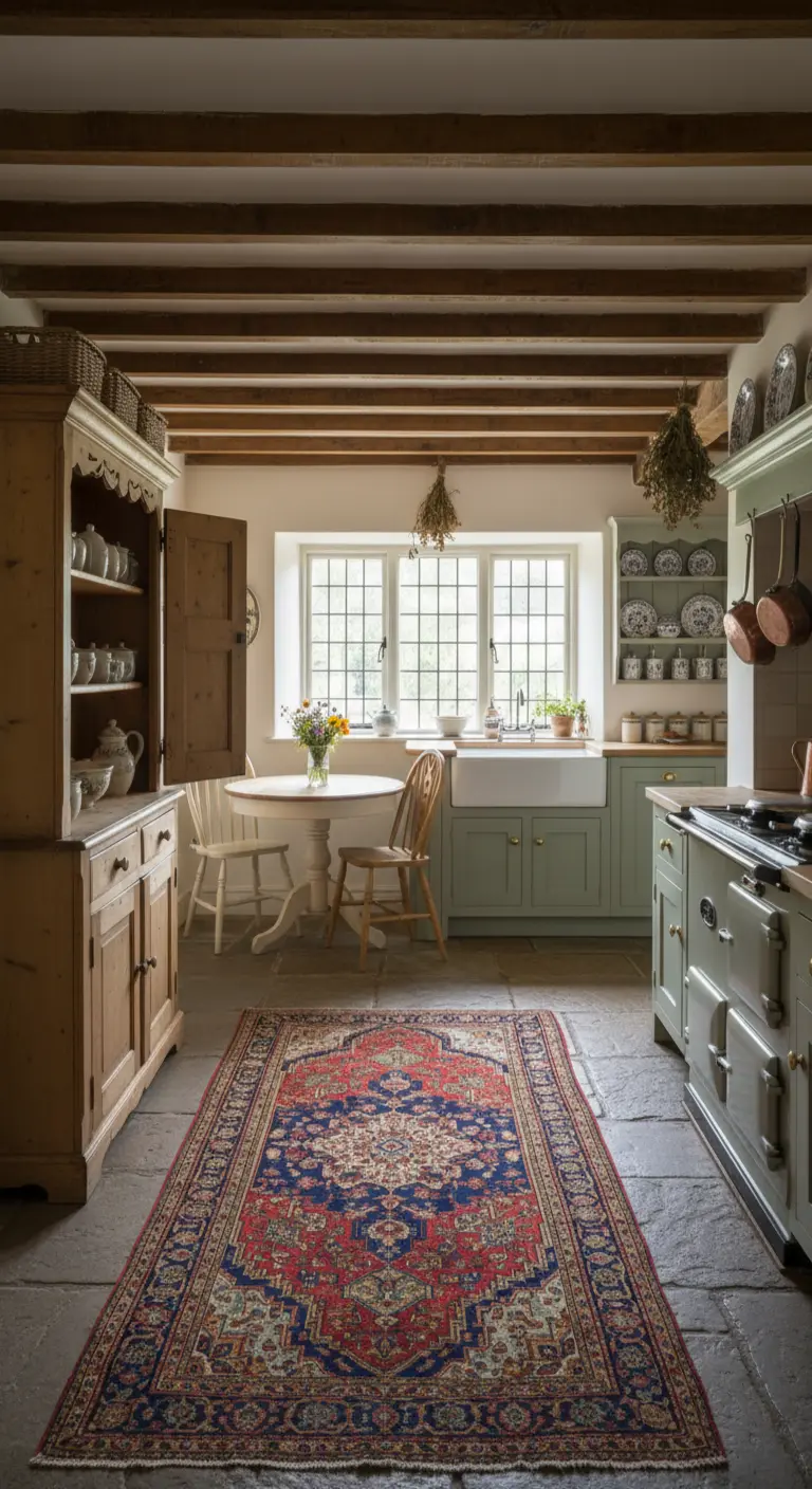 Cucina country con mobili verde salvia, pavimento in pietra e tappeto persiano.