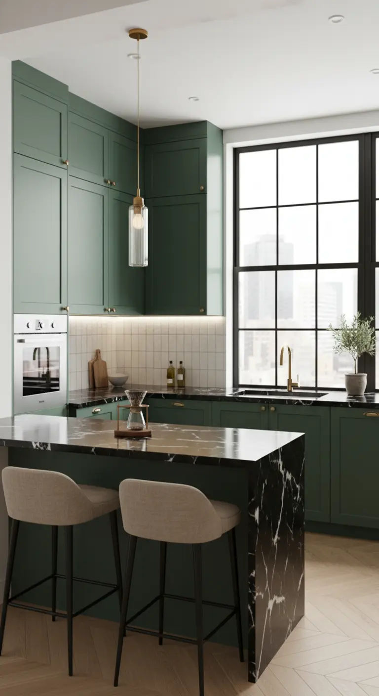 Cucina verde salvia con isola in marmo nero, grande finestra industriale e lampada in vetro.