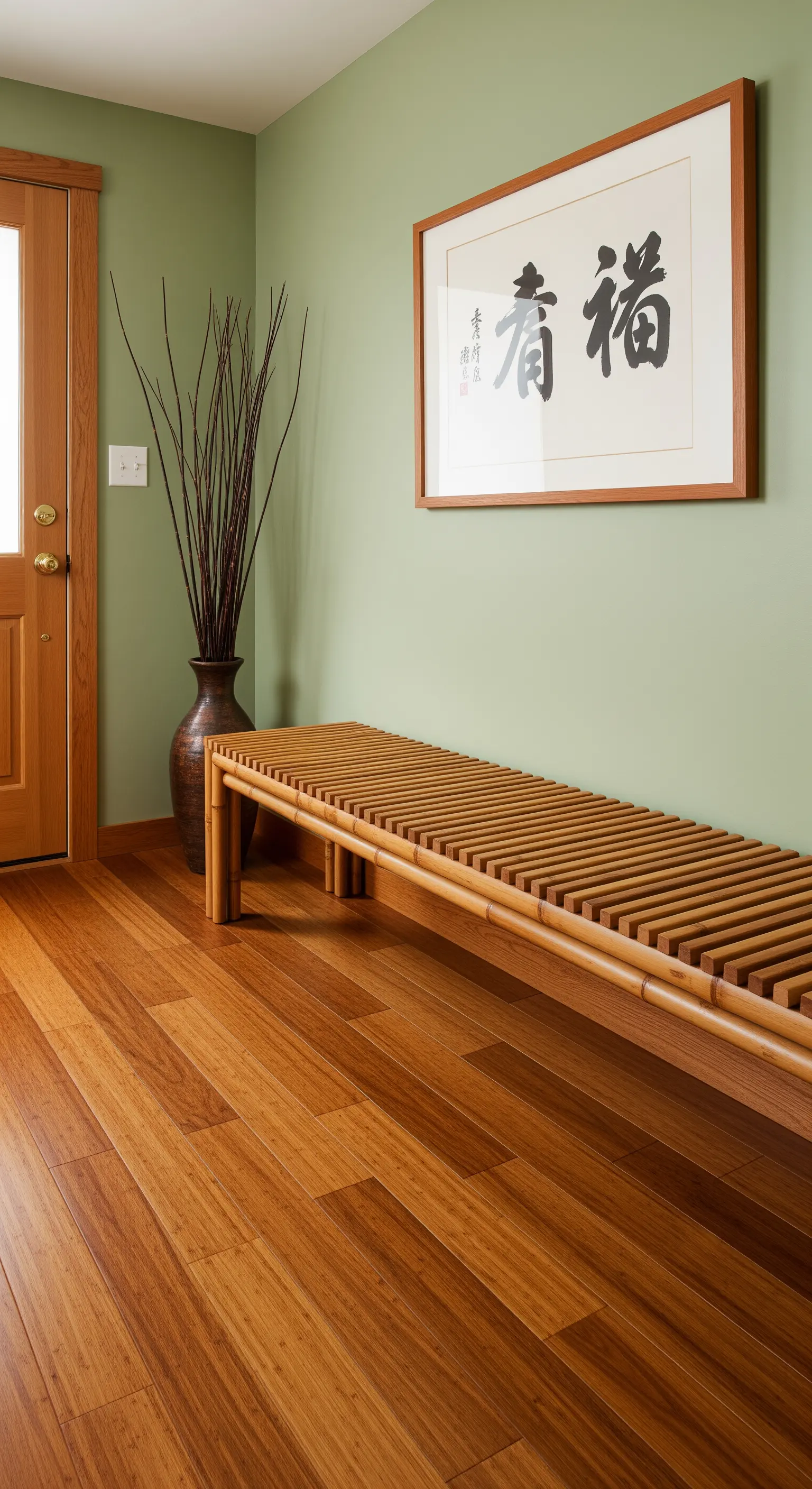 Panca a listelli in bambù contro una parete verde salvia, con pavimento in legno e quadro calligrafico.