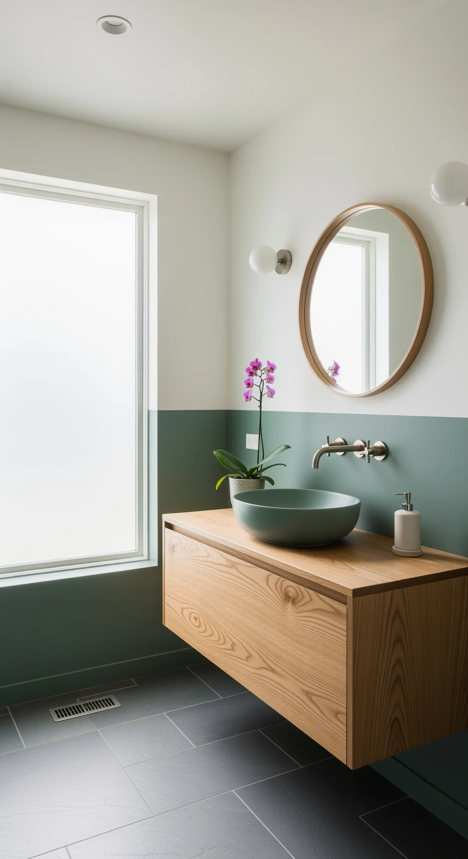 Bagno moderno con parete bicolore verde salvia e mobile sospeso in legno chiaro.
