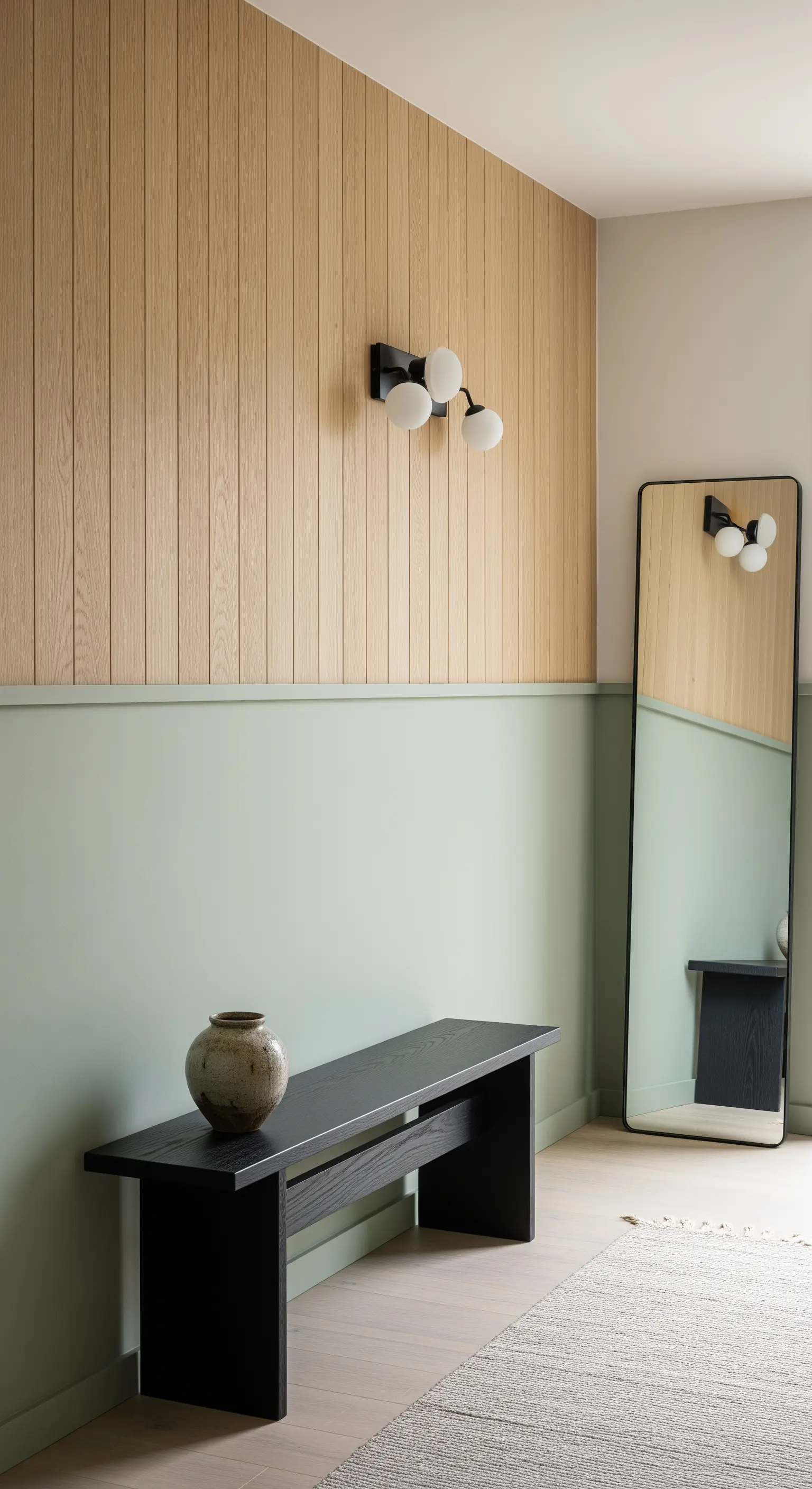 Ingresso con parete metà in listelli di legno e metà dipinta di verde salvia.