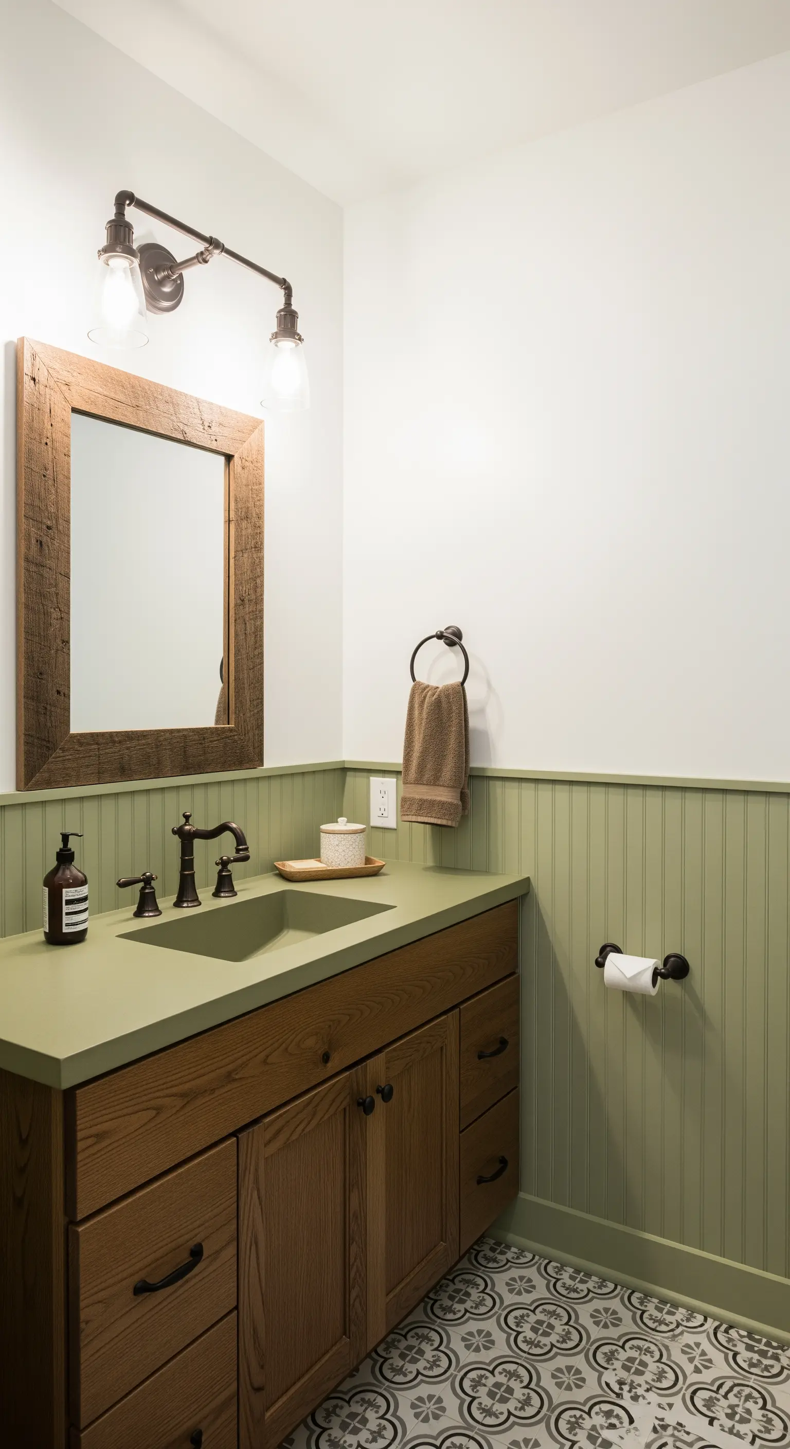 Bagno rustico con boiserie perlinata verde salvia e mobile in legno massello.