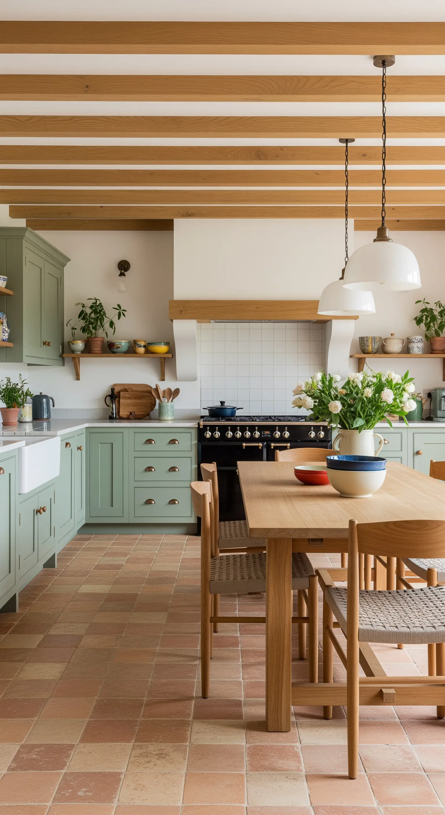 Cucina con mobili verde salvia, pavimento in cotto e mensole in legno a vista.