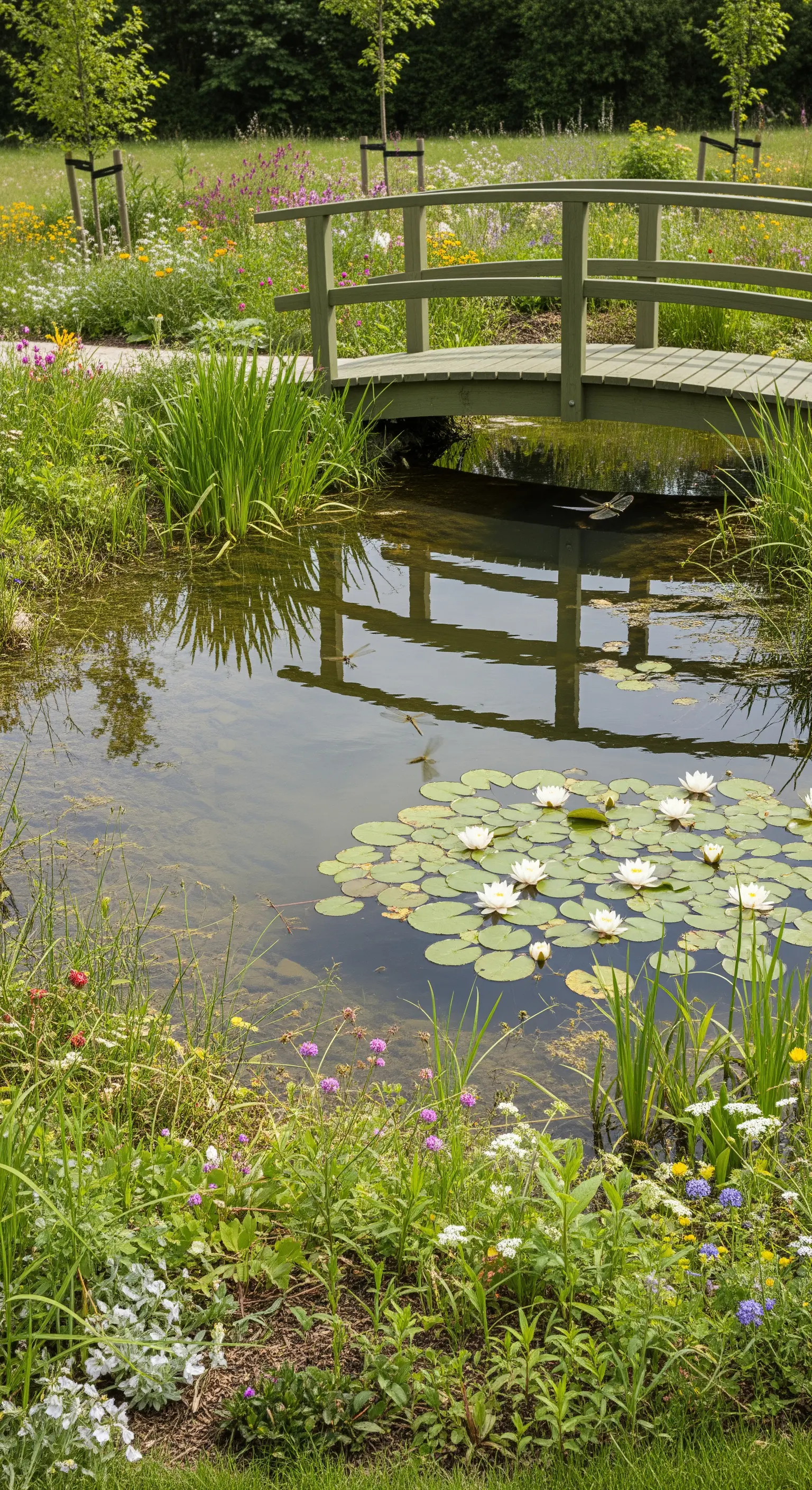 Ponte in legno verde salvia in un giardino selvatico con fiori di campo e ninfee bianche