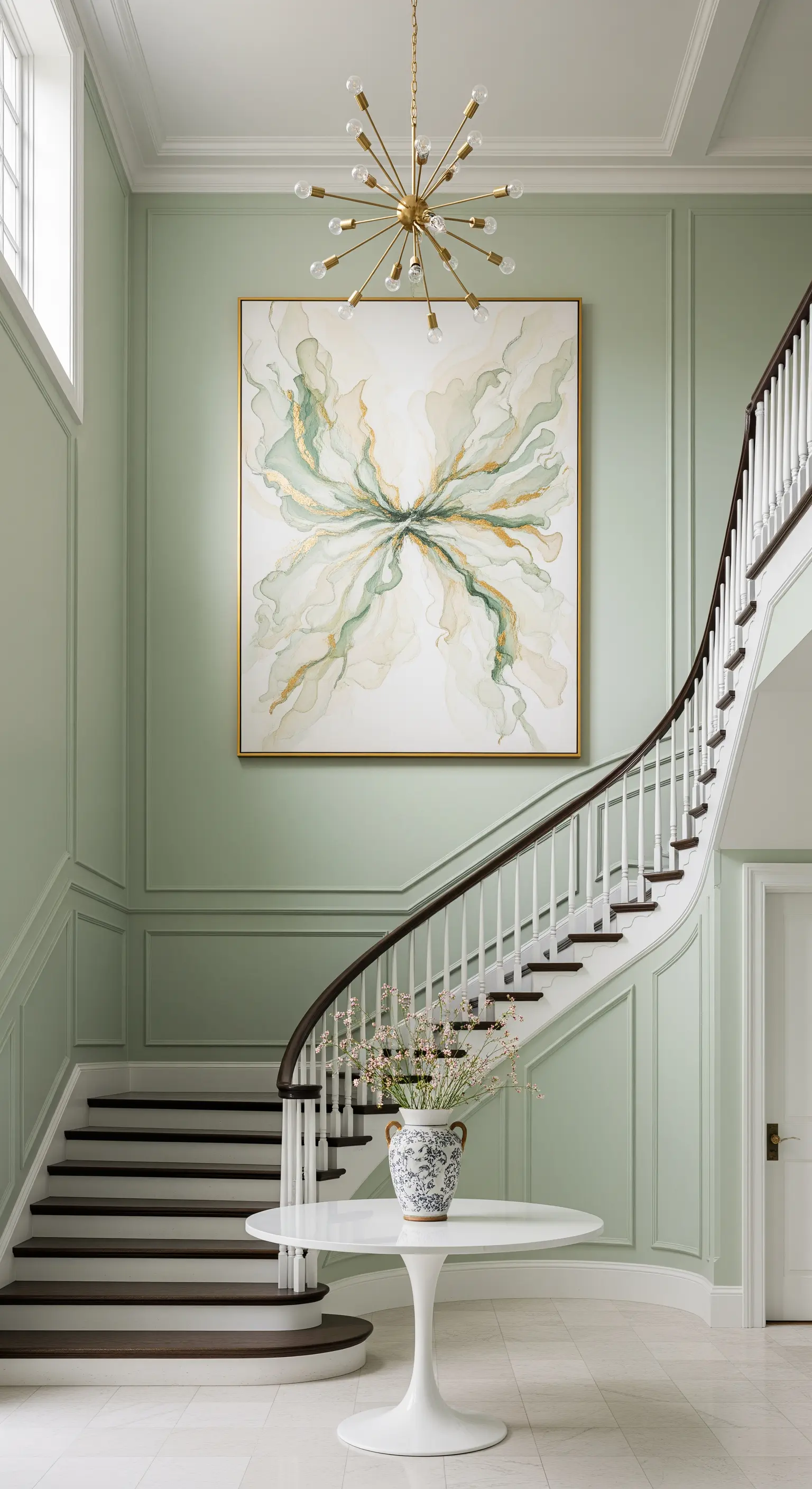 Ingresso maestoso verde salvia con scalinata curva e lampadario moderno.