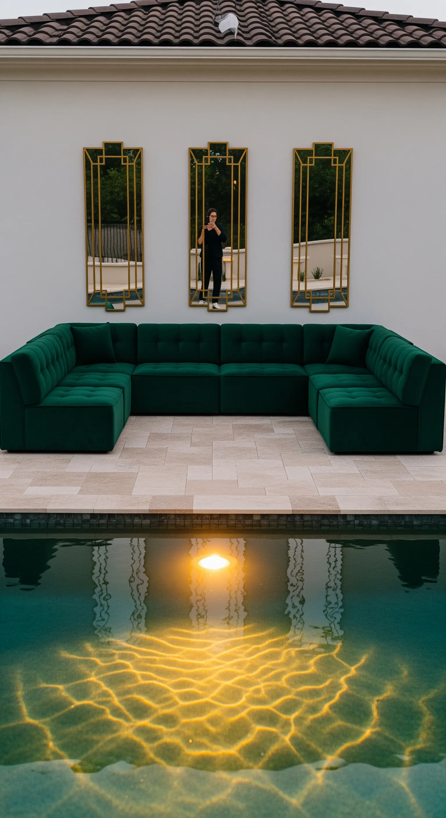 Divano angolare in velluto verde e tre specchi dorati a parete bordo piscina.