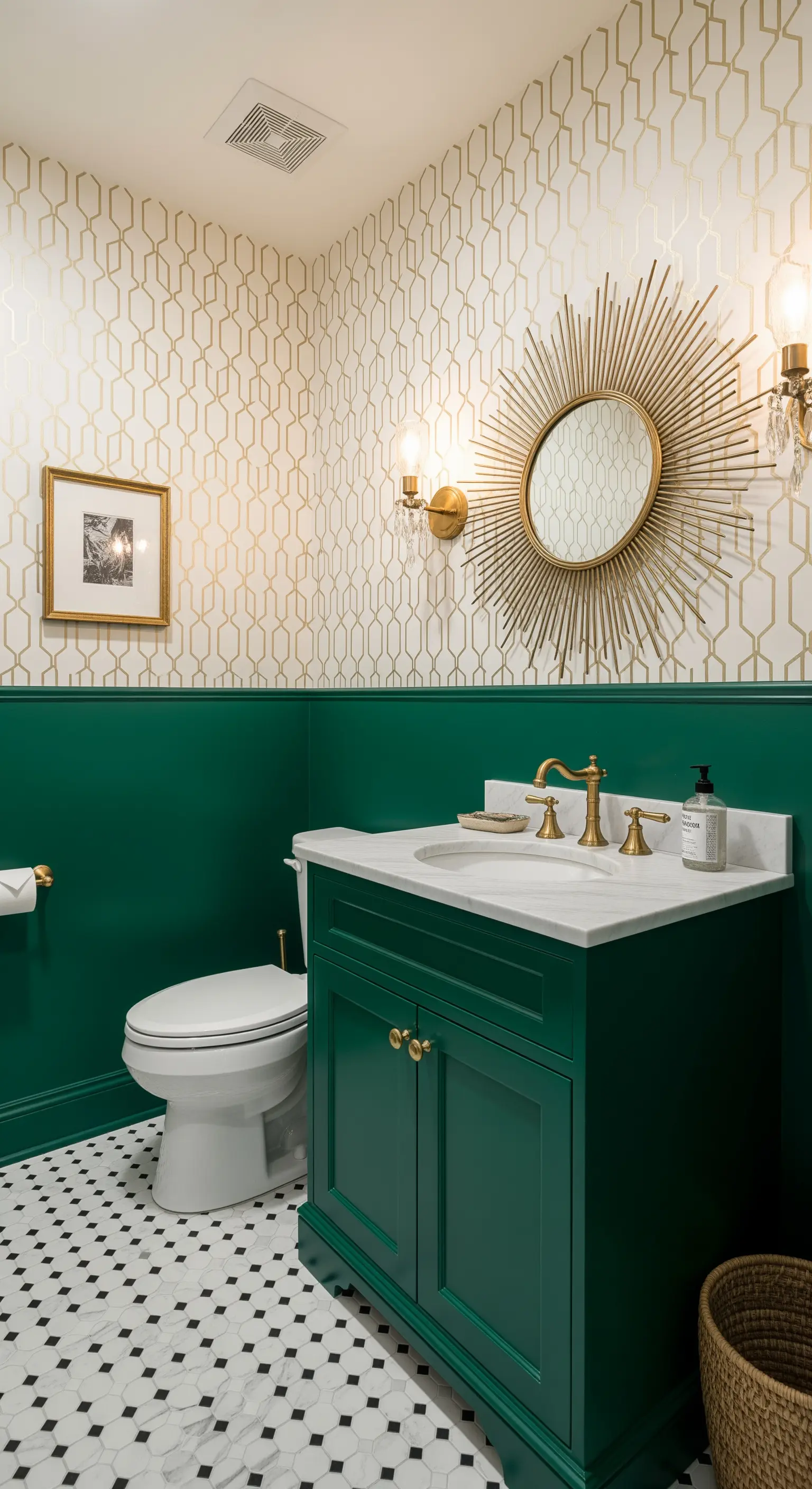Bagno di lusso con boiserie verde smeraldo lucido e carta da parati geometrica dorata.