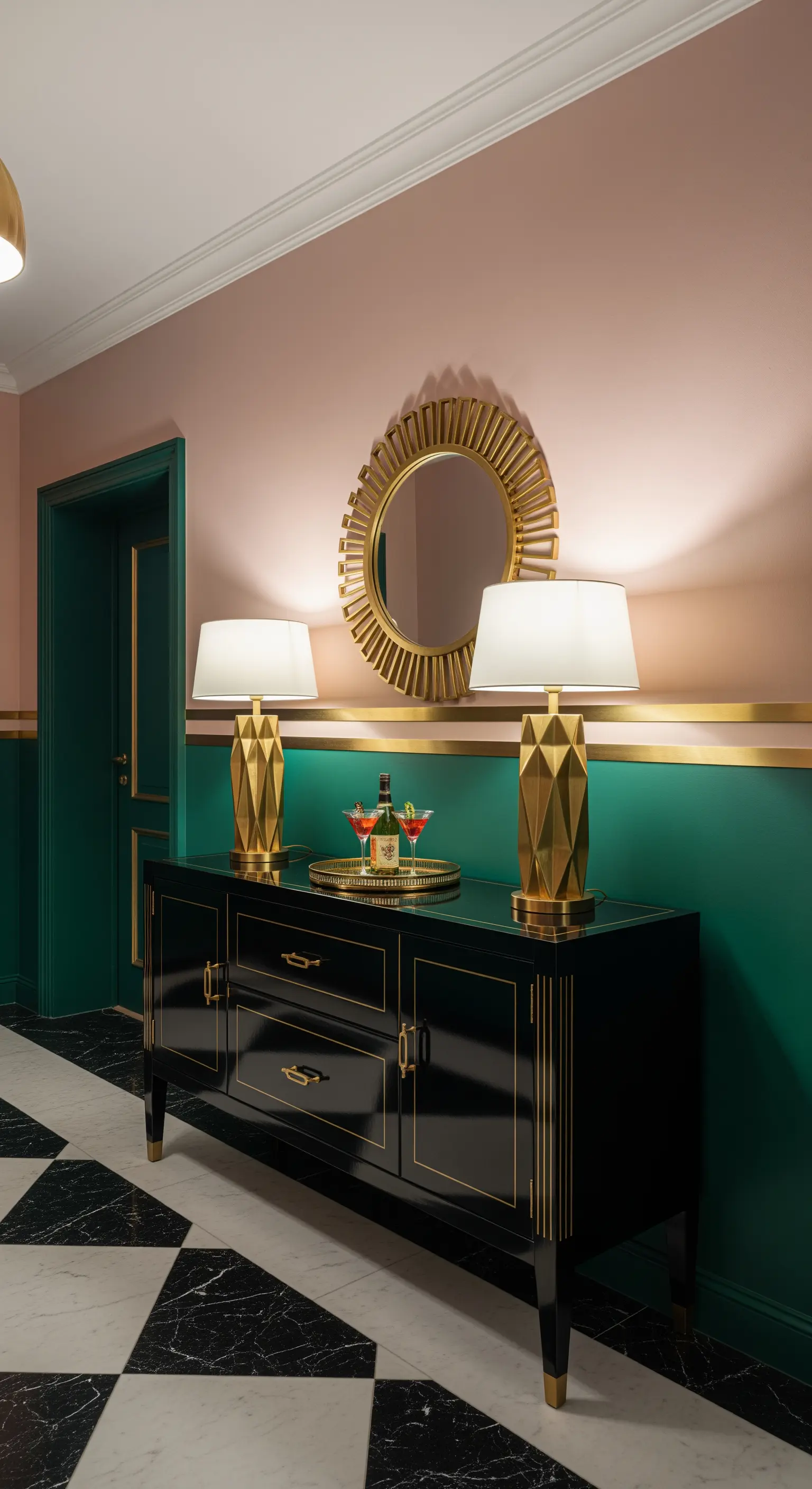 Ingresso Art Déco con parete verde e rosa, credenza nera laccata e dettagli dorati.