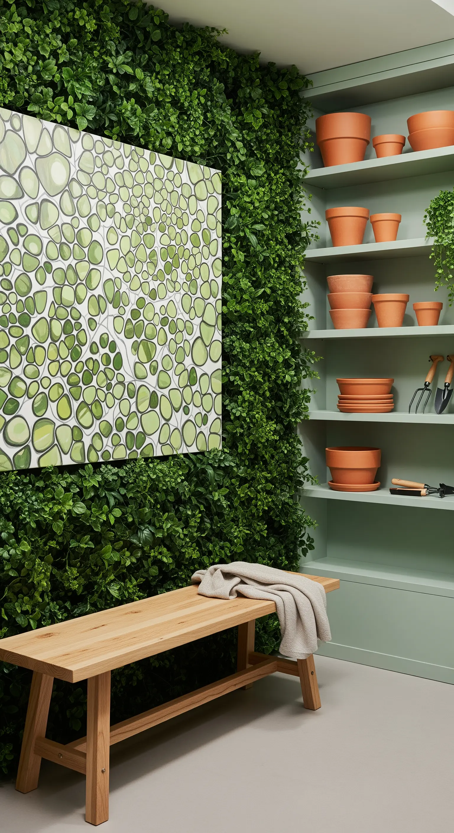 Parete verde verticale con scaffali verdi e vasi di terracotta, accanto a un quadro astratto verde.