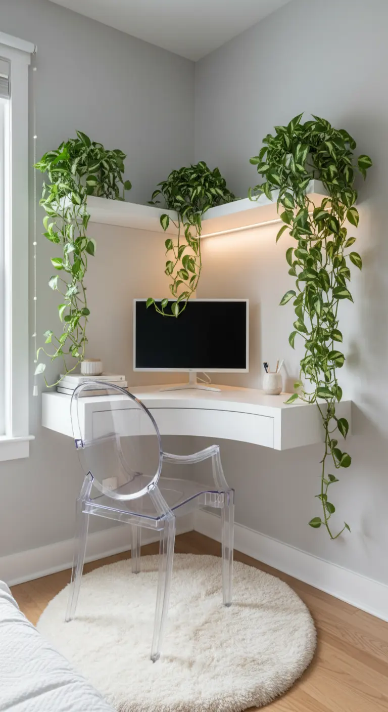 Scrivania angolare bianca sormontata da mensole con piante rampicanti e sedia trasparente.