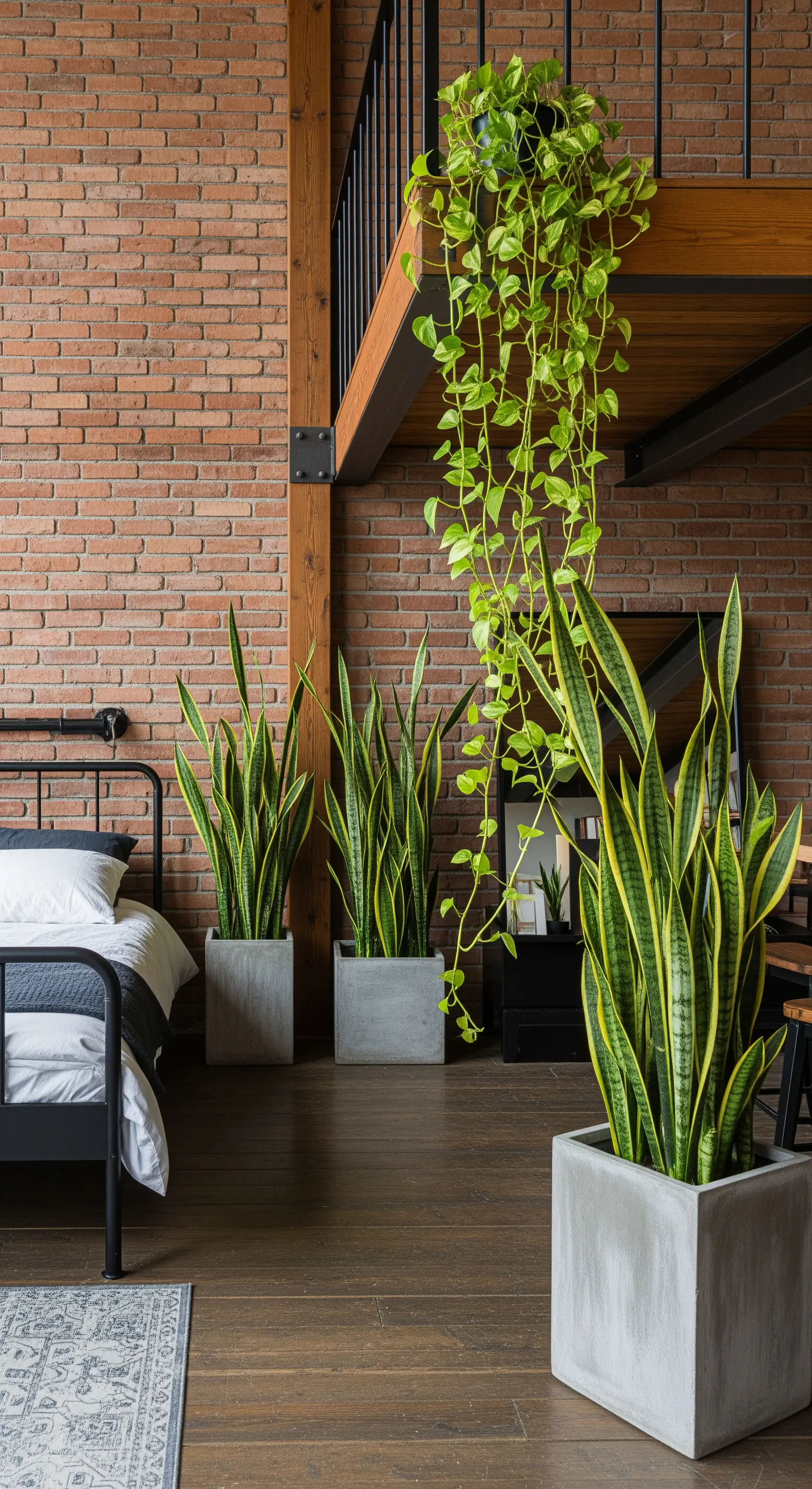 Camera da letto in stile industriale con mattoni a vista e alte piante di Sansevieria in vasi di cemento.