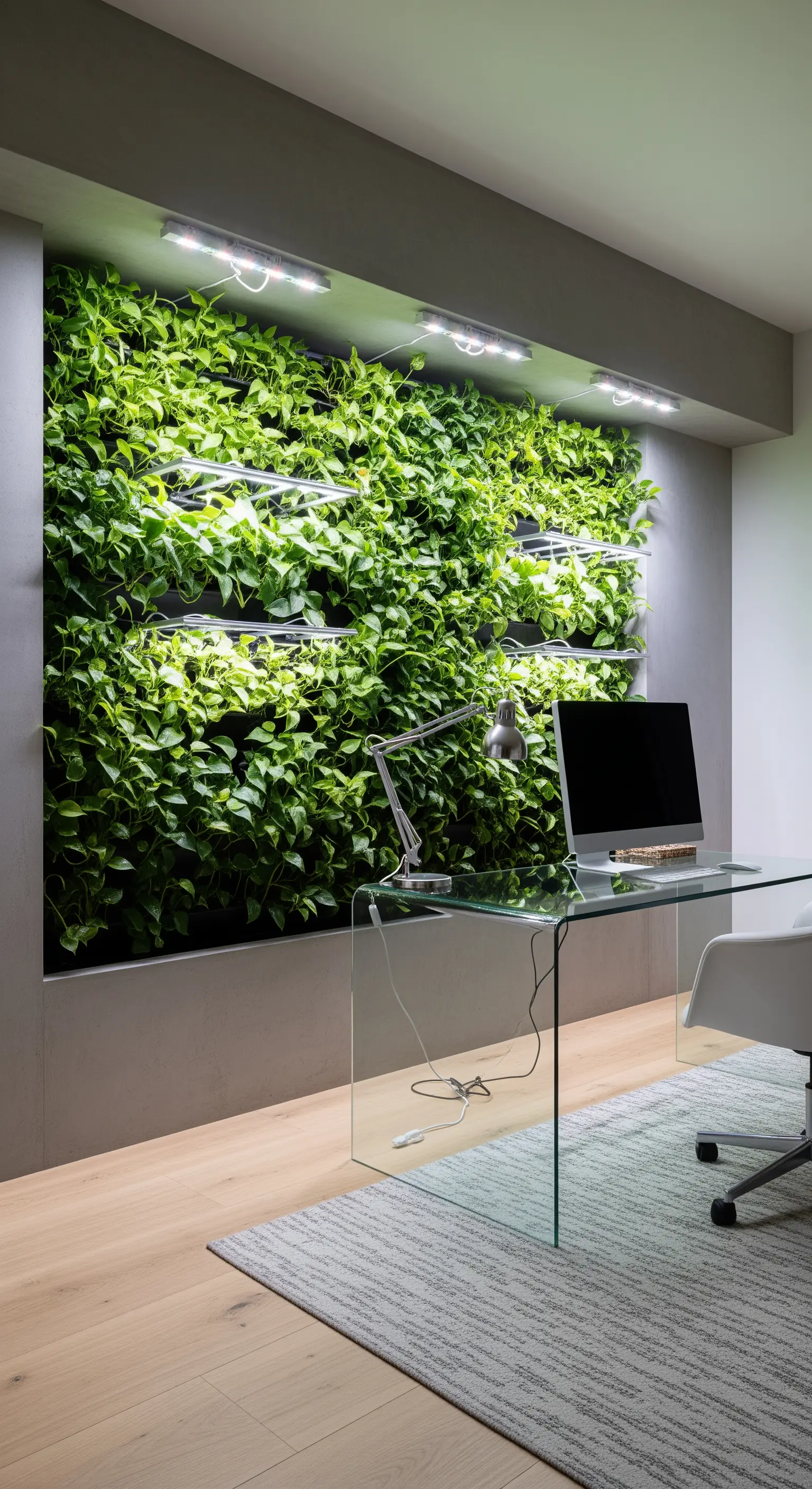 Scrivania in vetro di fronte a una parete vegetale illuminata da luci di coltivazione.