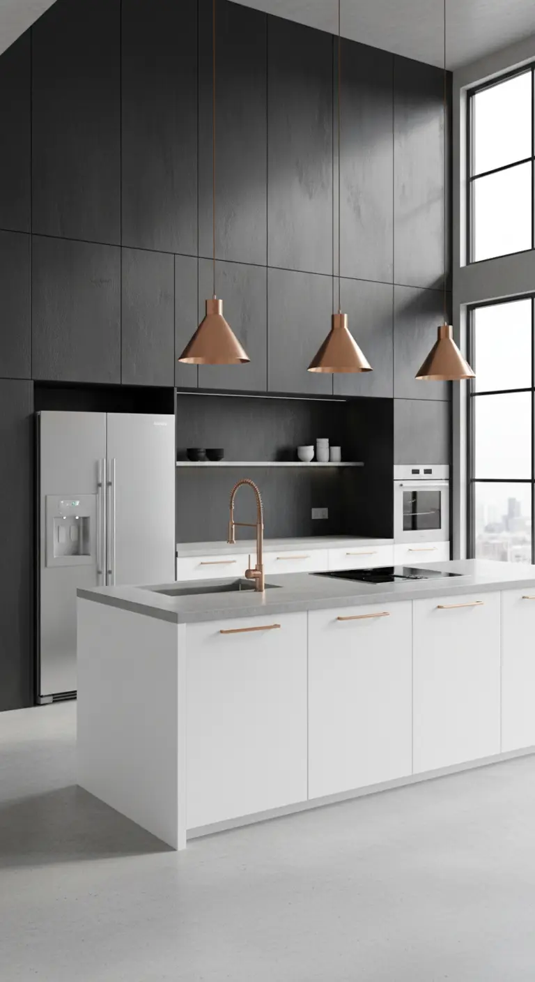 Cucina moderna con pareti alte grigio scuro, isola bianca e lampade a sospensione in rame.