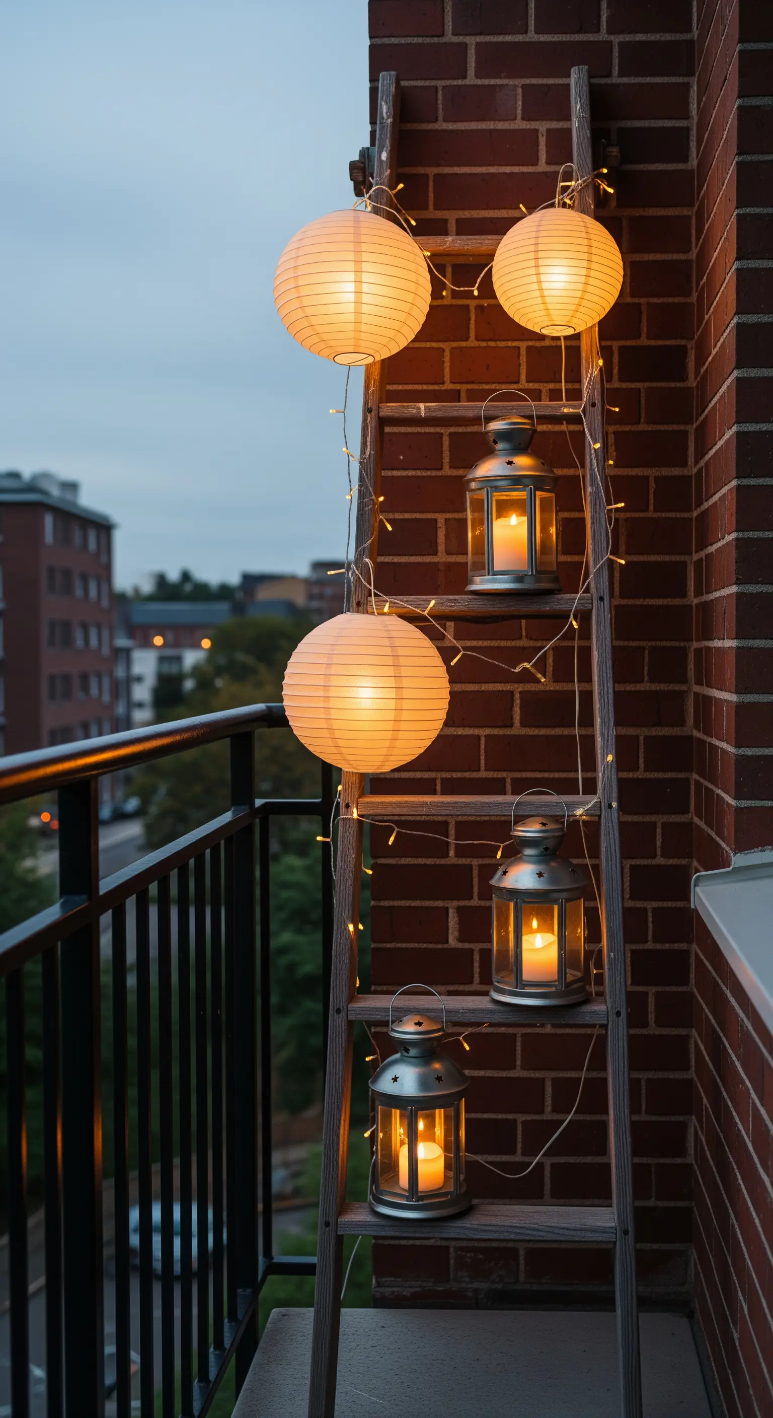 Scala a pioli in legno decorata con lanterne di carta, lanterne in metallo e filo di luci LED