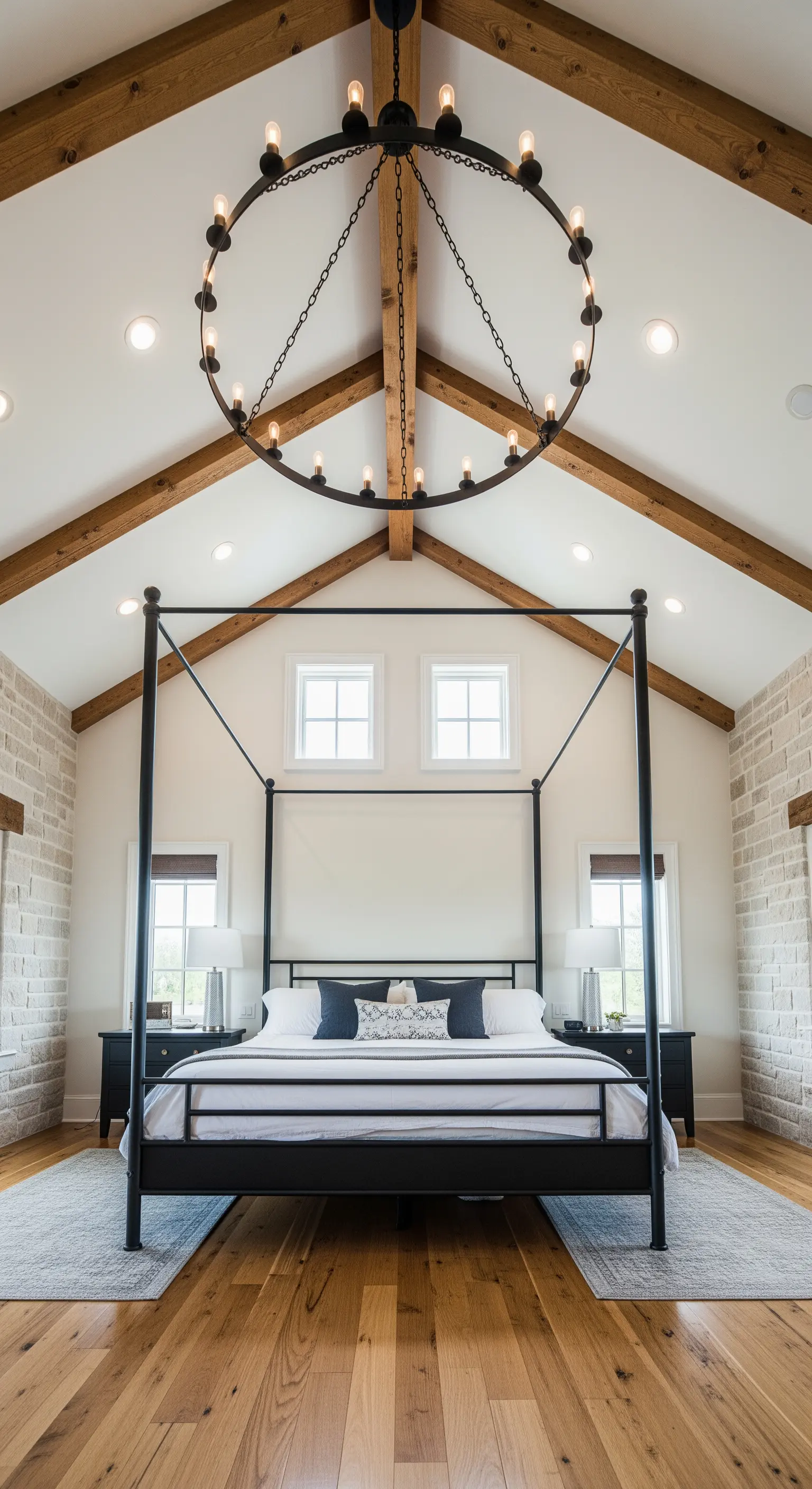 Letto a baldacchino nero sotto un soffitto a volta con travi in legno e un grande lampadario.