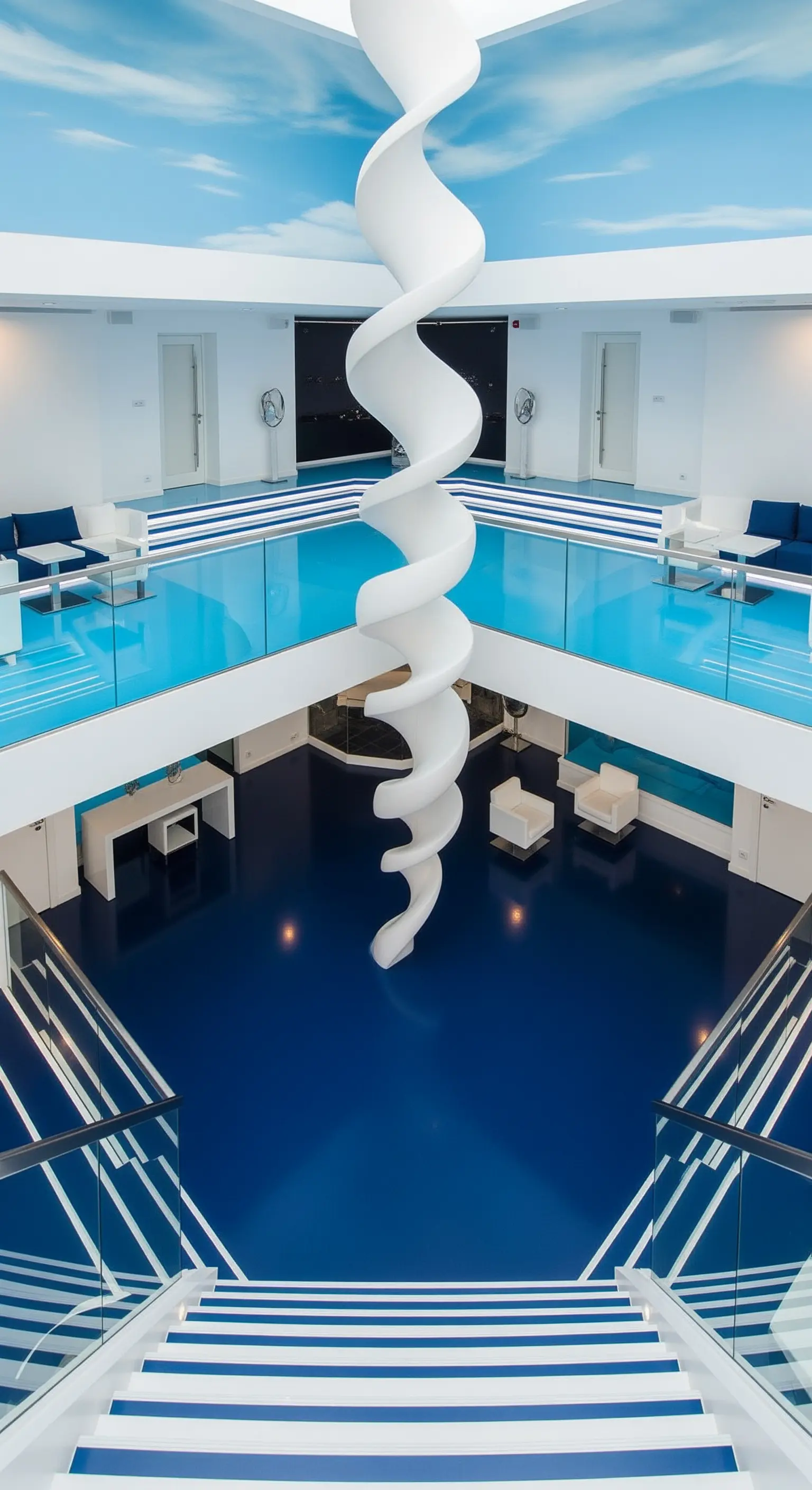 Spazio multilivello con pavimenti in resina blu e una scultura bianca a spirale a tutta altezza.