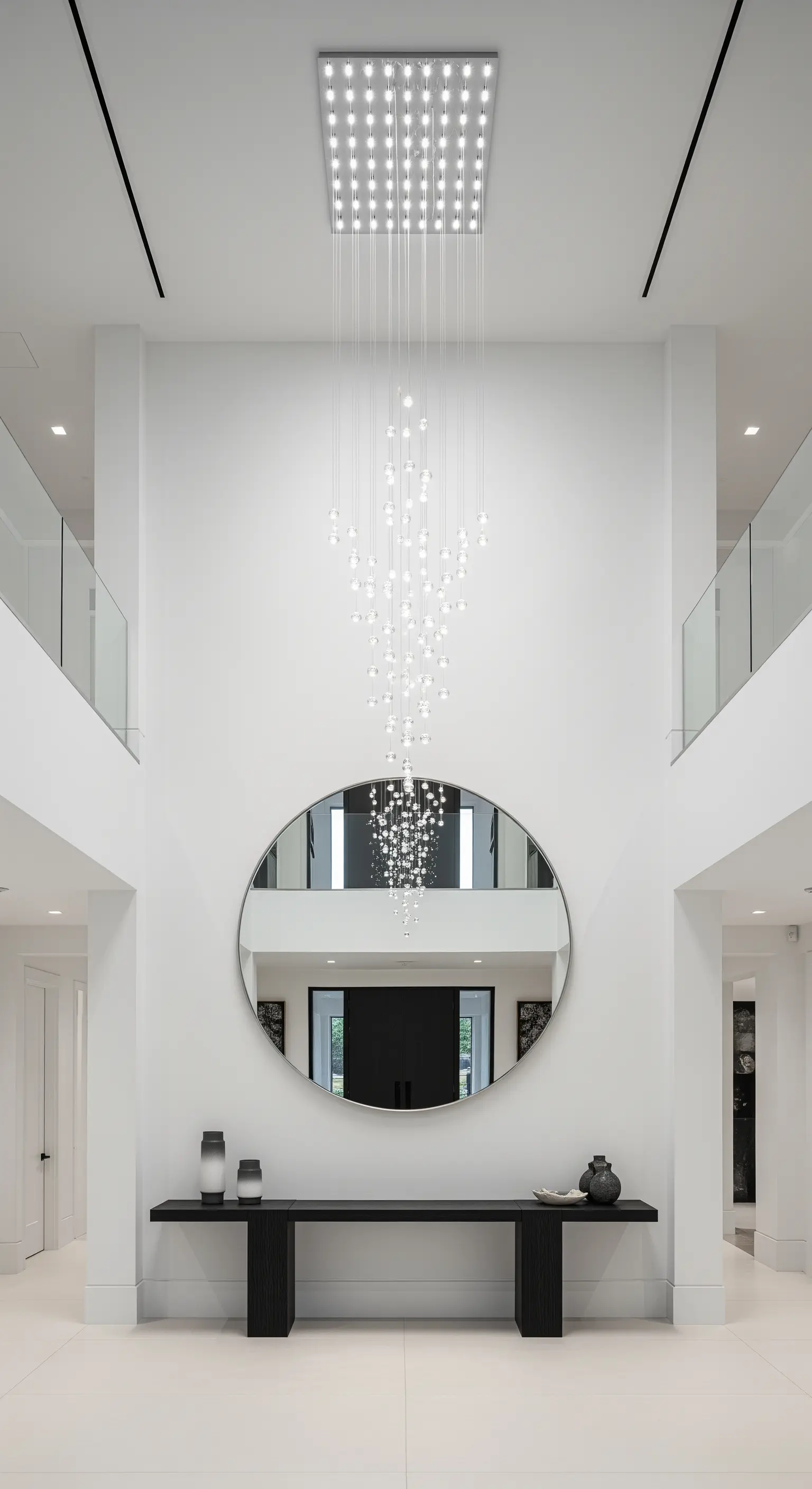 Ingresso a doppia altezza con lampadario a cascata, specchio rotondo oversize e consolle nera.