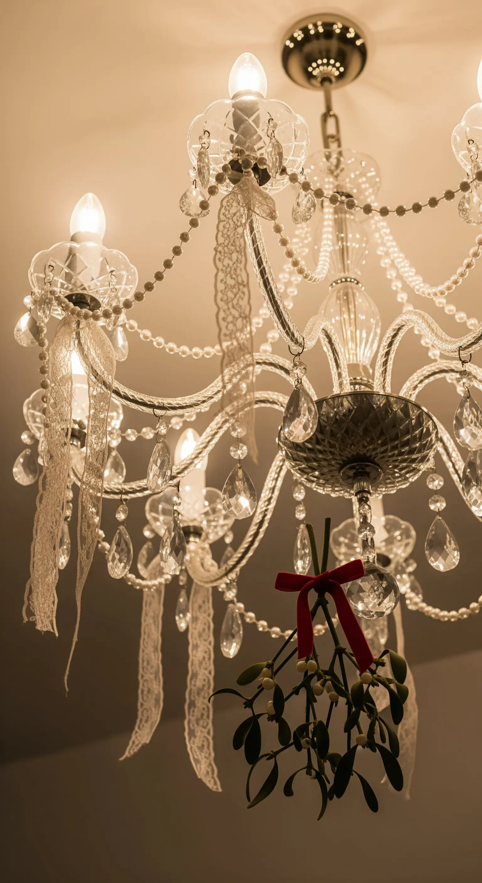 Dettaglio di un lampadario di cristallo decorato con nastri di pizzo e un rametto di vischio.