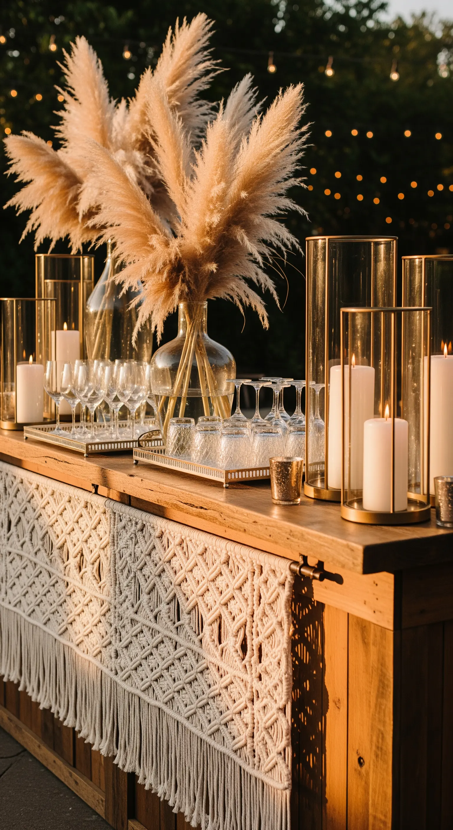 Bancone bar in legno decorato con un grande pannello in macramè e vasi di pampas.